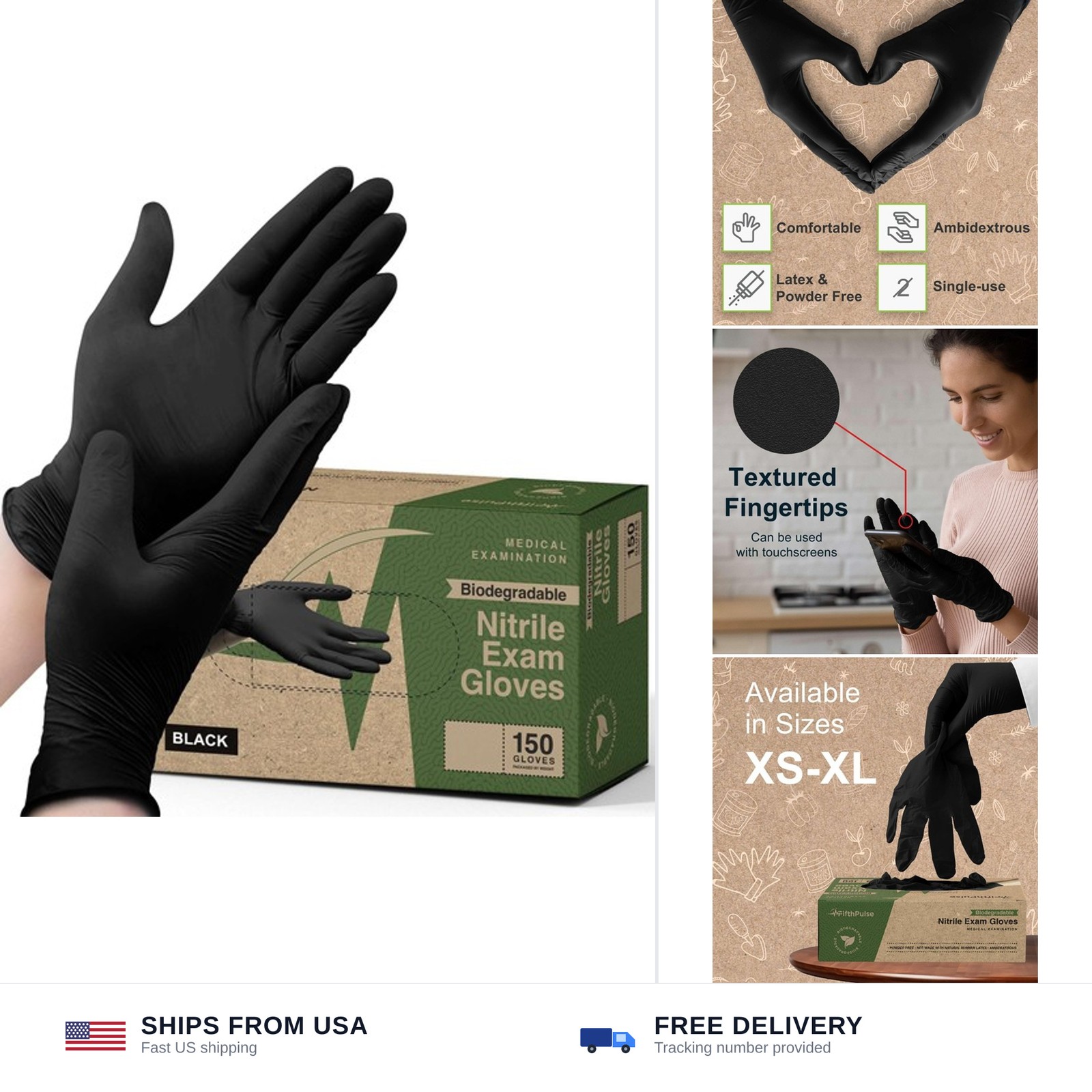 FifthPulse [150 Count] Biodegradable Gloves – Black Nitrile Disposable Gloves…