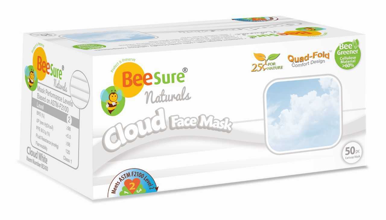 Cranberry 2430 BeeSure Naturals Earloop Face Masks ASTM Level 2 Cloud White 50Bx