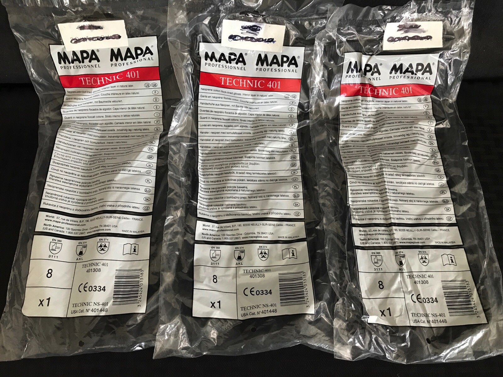 (3 Pair) MAPA Technic 401 Professional Light Chemical Neoprene Gloves #8 401308