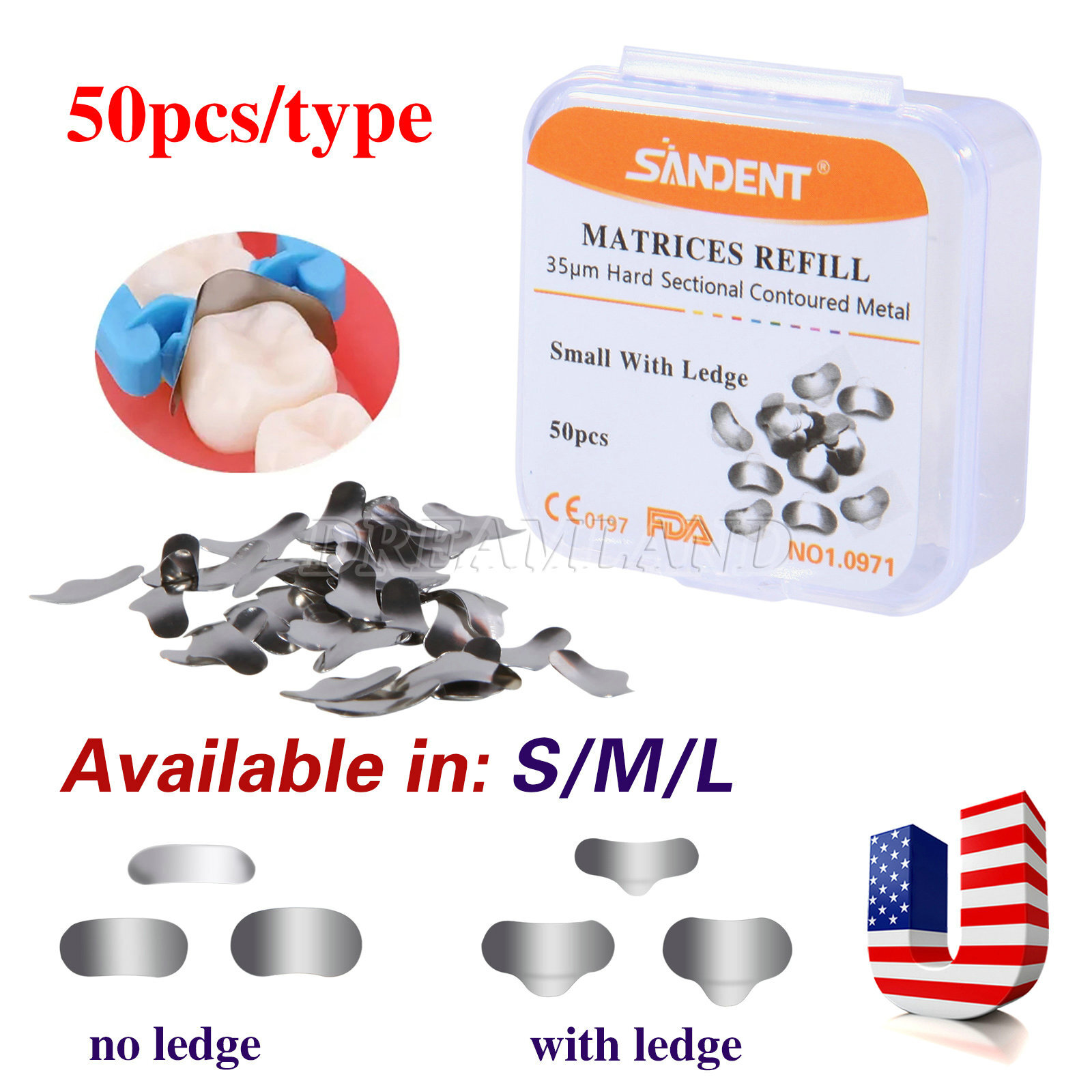 50 X Dental Metal Matrices Matrix Band Sectional Contoured Refill S/M/L 35μm