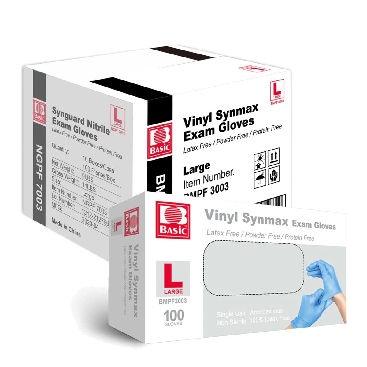 Basic Medical Synmax Vinyl Exam Gloves – Large (Pack of 1000), Blue