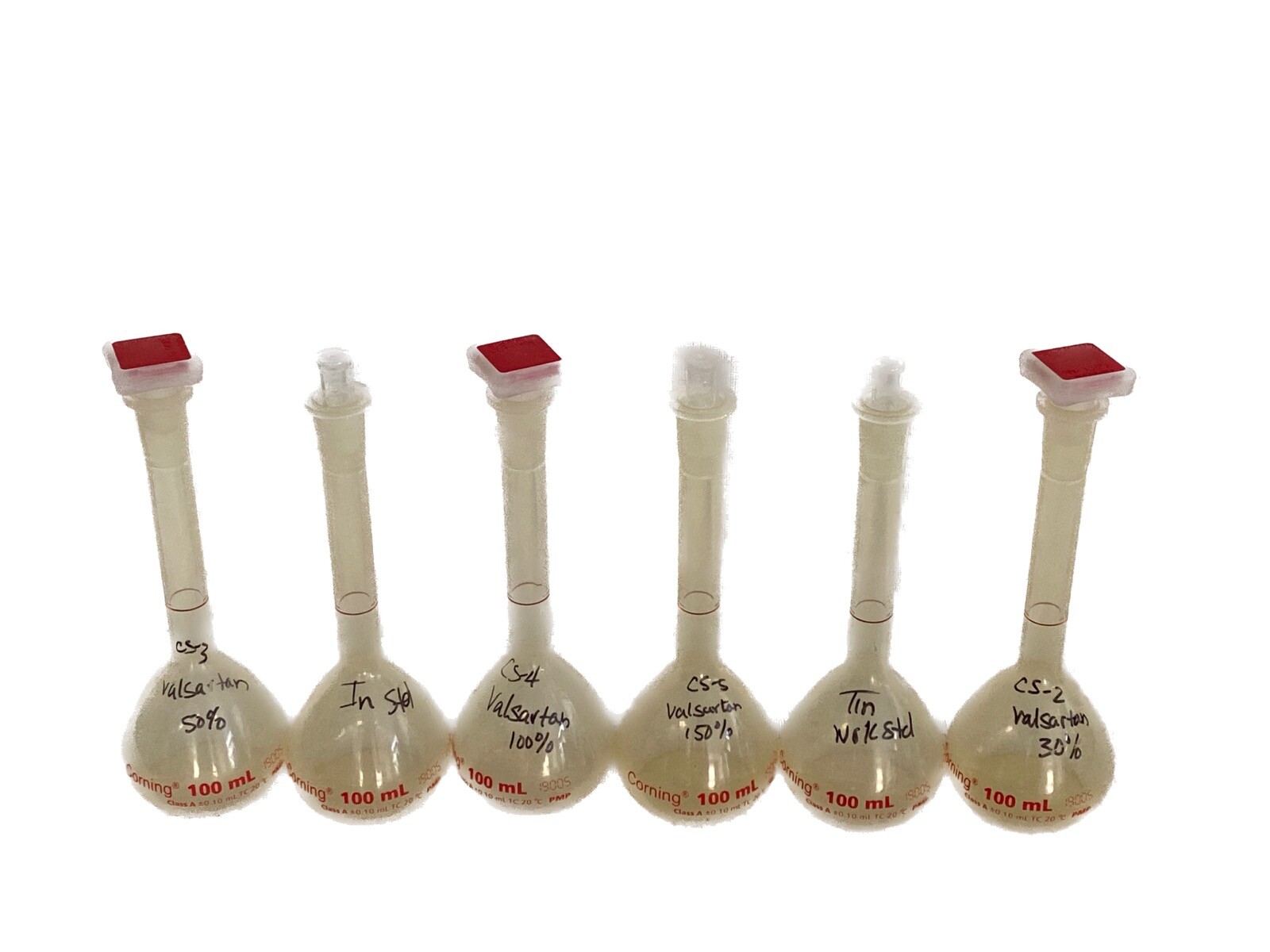 (6) CORNING Reusable 100mL PMP Class A Volumetric Flasks w/Stopper 5640P