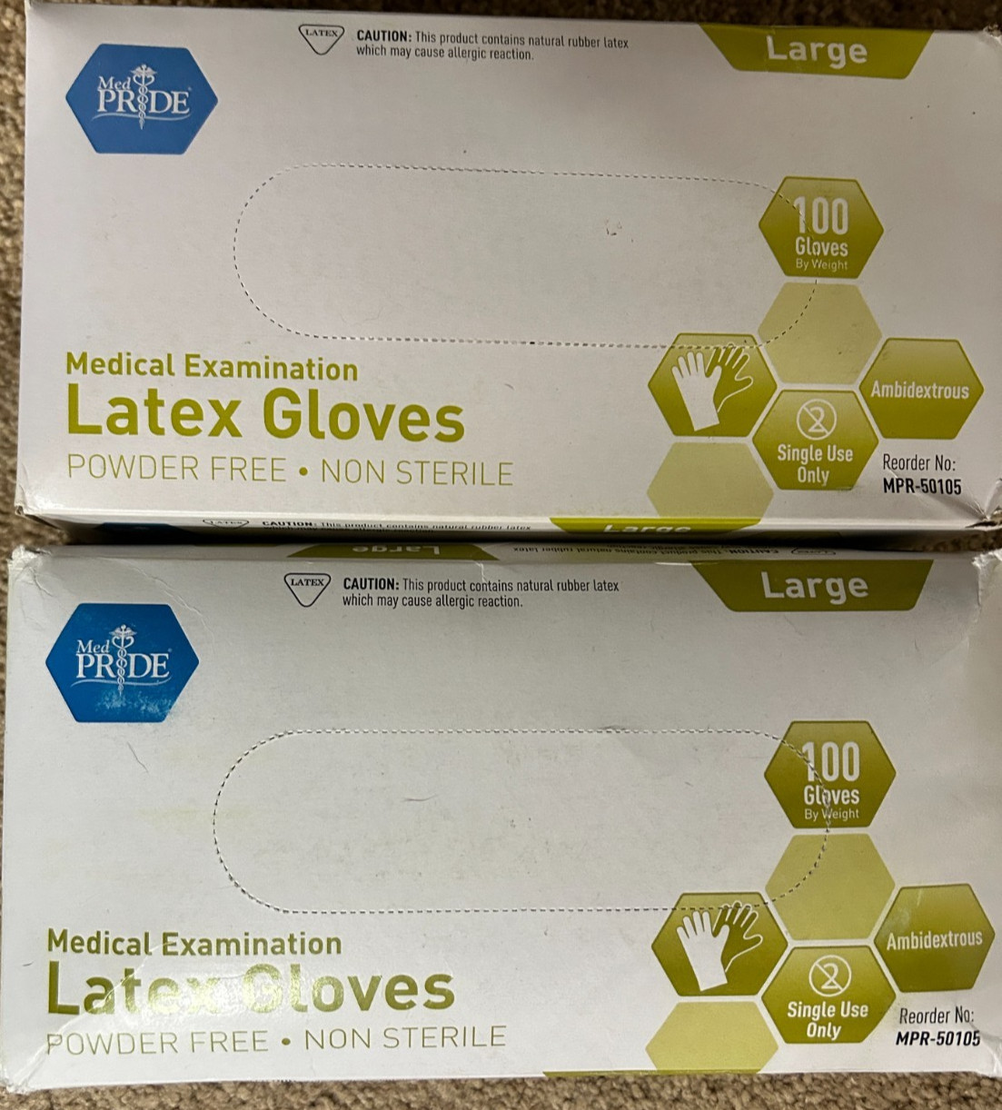 MedPride Powder-Free Latex Exam Gloves, Large, Box/100-2 boxes