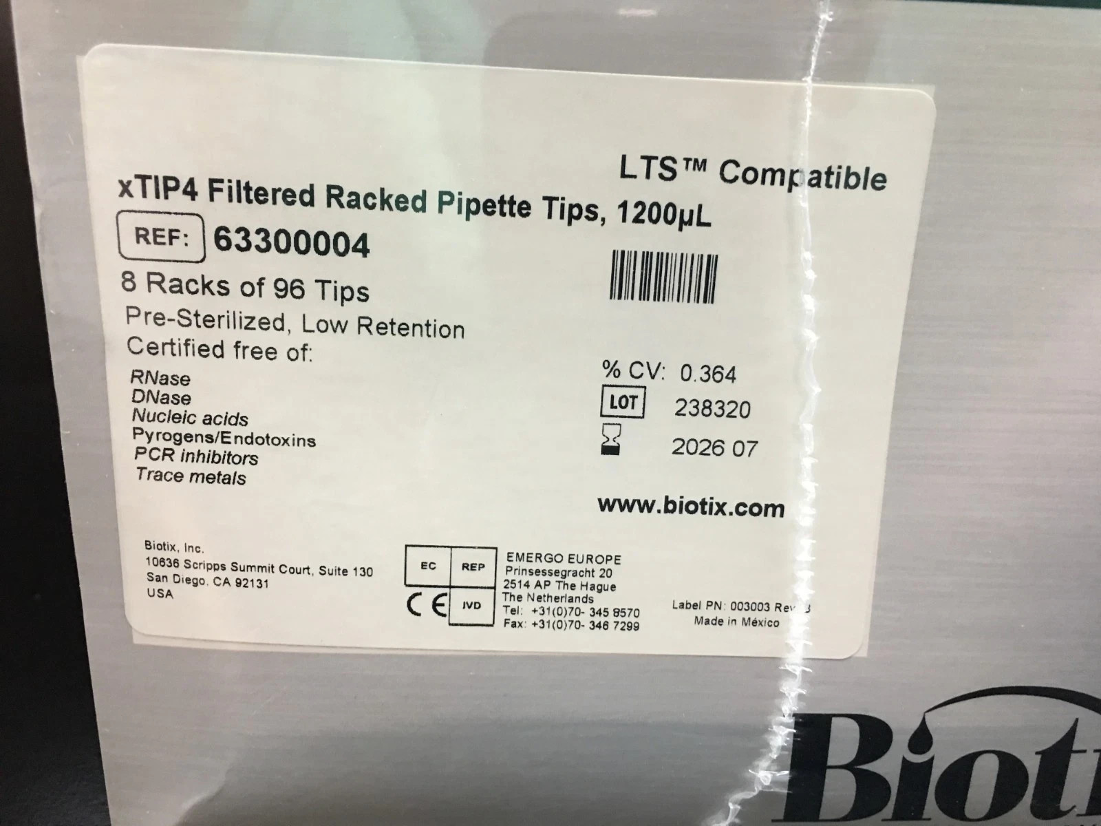 Biotix REF 63300004 xTIP4 LTS Compatible Filtered Racked Pipette Tips 1200uL
