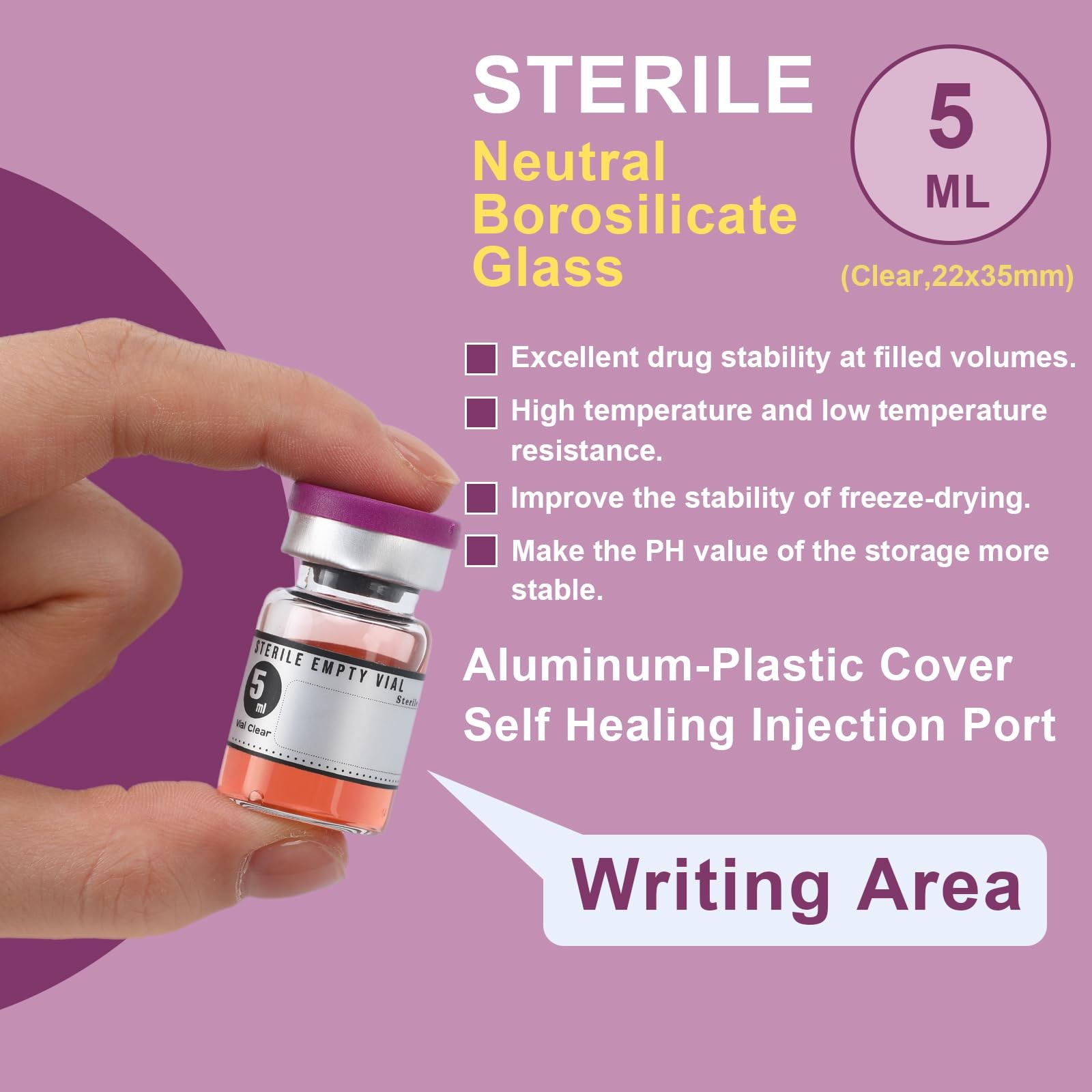 Threlaco 20 Pcs 5ml Sealed Sterile Empty Vials with Self Healing 5ml, Purple