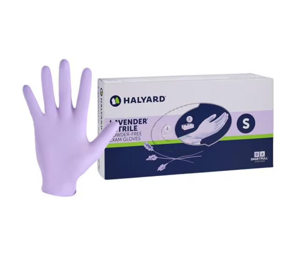 2 Boxes of 250, HALYARD Lavender Nitrile Exam Gloves, Powder-Free, Small.