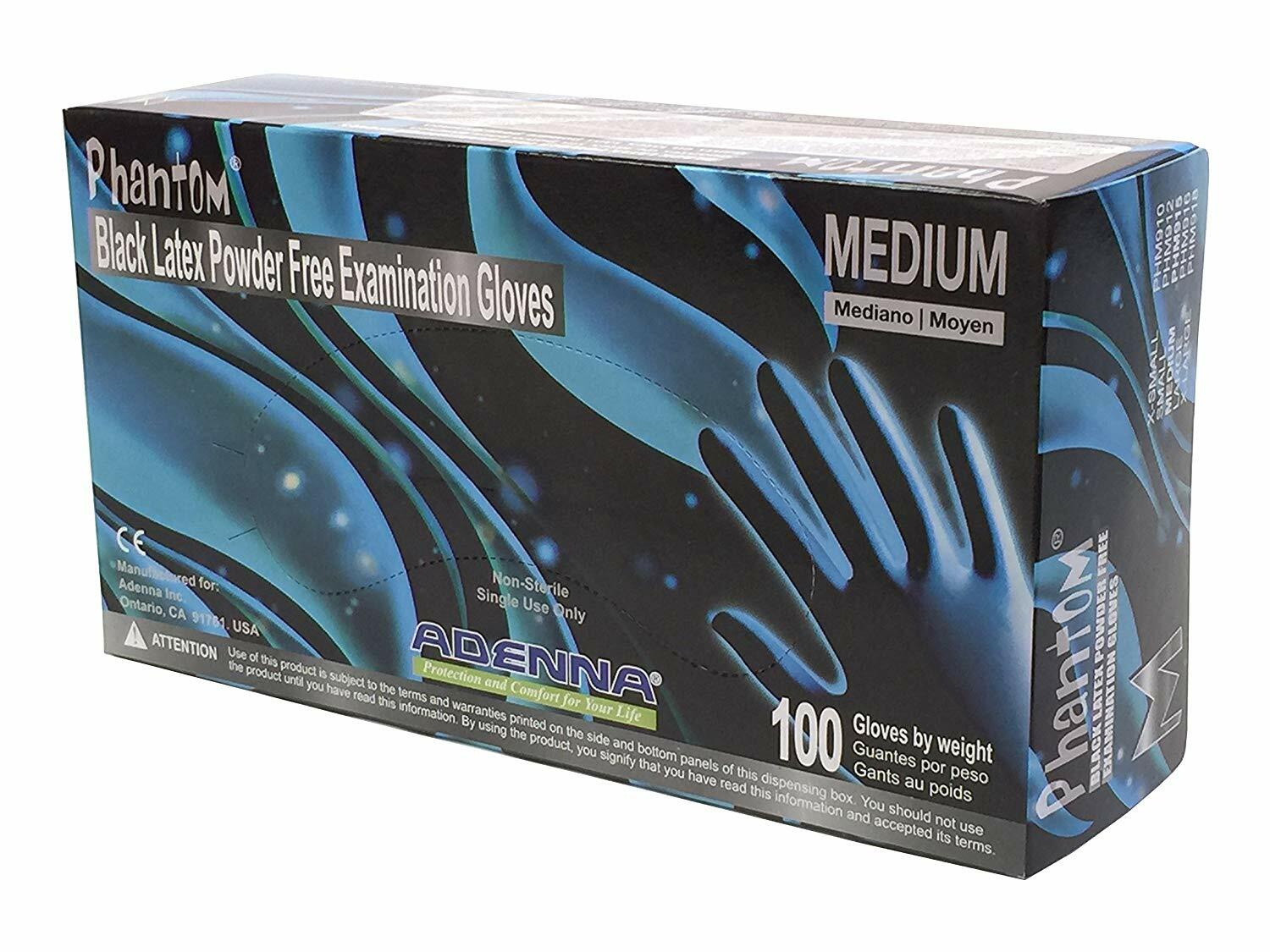 Adenna PHM915 Phantom Powder Free Exam Latex Gloves, Medium, Black (Pack of 100)