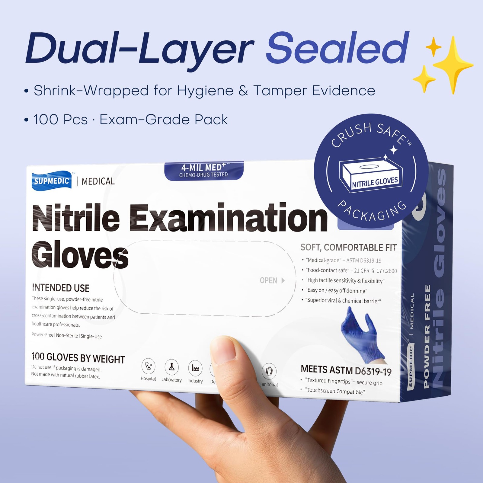 Supmedic Nitrile Exam Gloves, 4 Mil 100 Pcs, PowderFree LatexFree Cooking Foo…