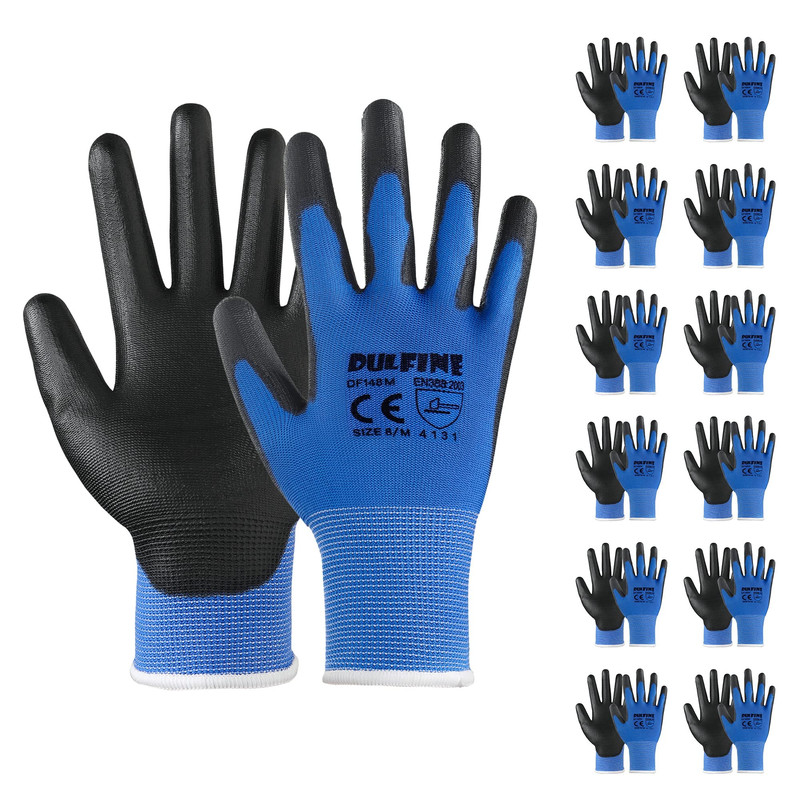 Dulfine Safety Work Gloves Pu Coated-12 Pairsblue Seamless Knit Glove