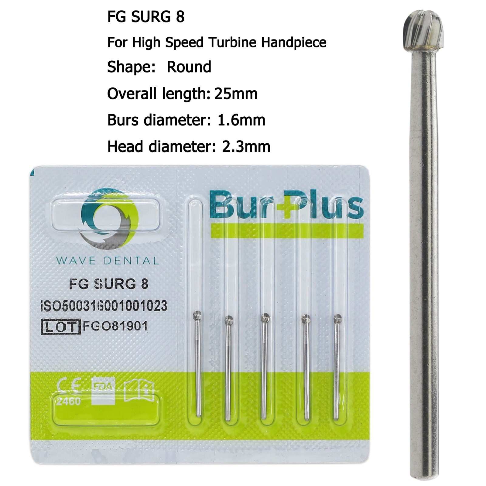 WAVE Dental Surgical Burs Long Round Burs High Speed Carbide FG SURG 8 MIDWEST