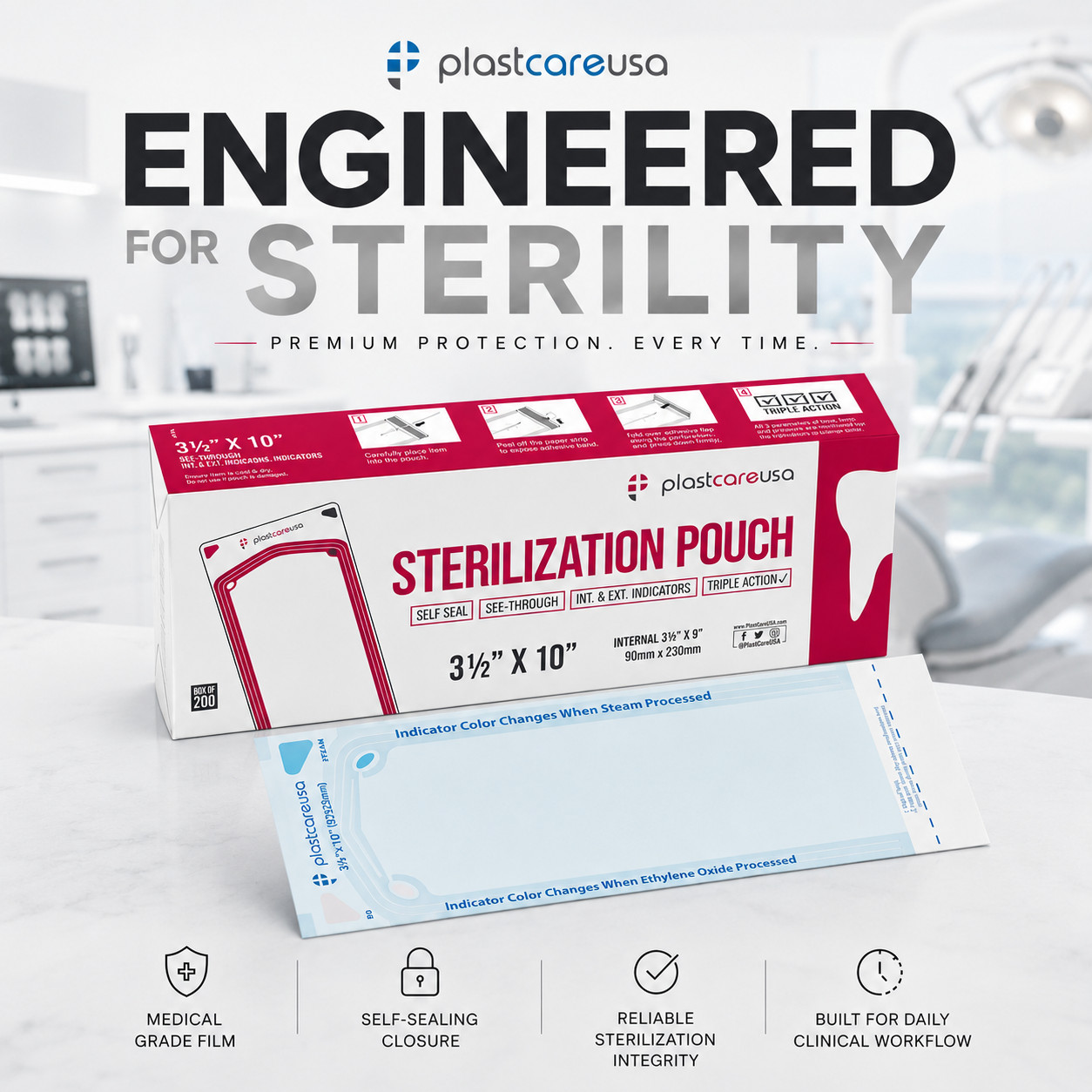 2,000 3.5″ x 10″ Self-Sealing Sterilization Pouches for Autoclave (10 Boxes)