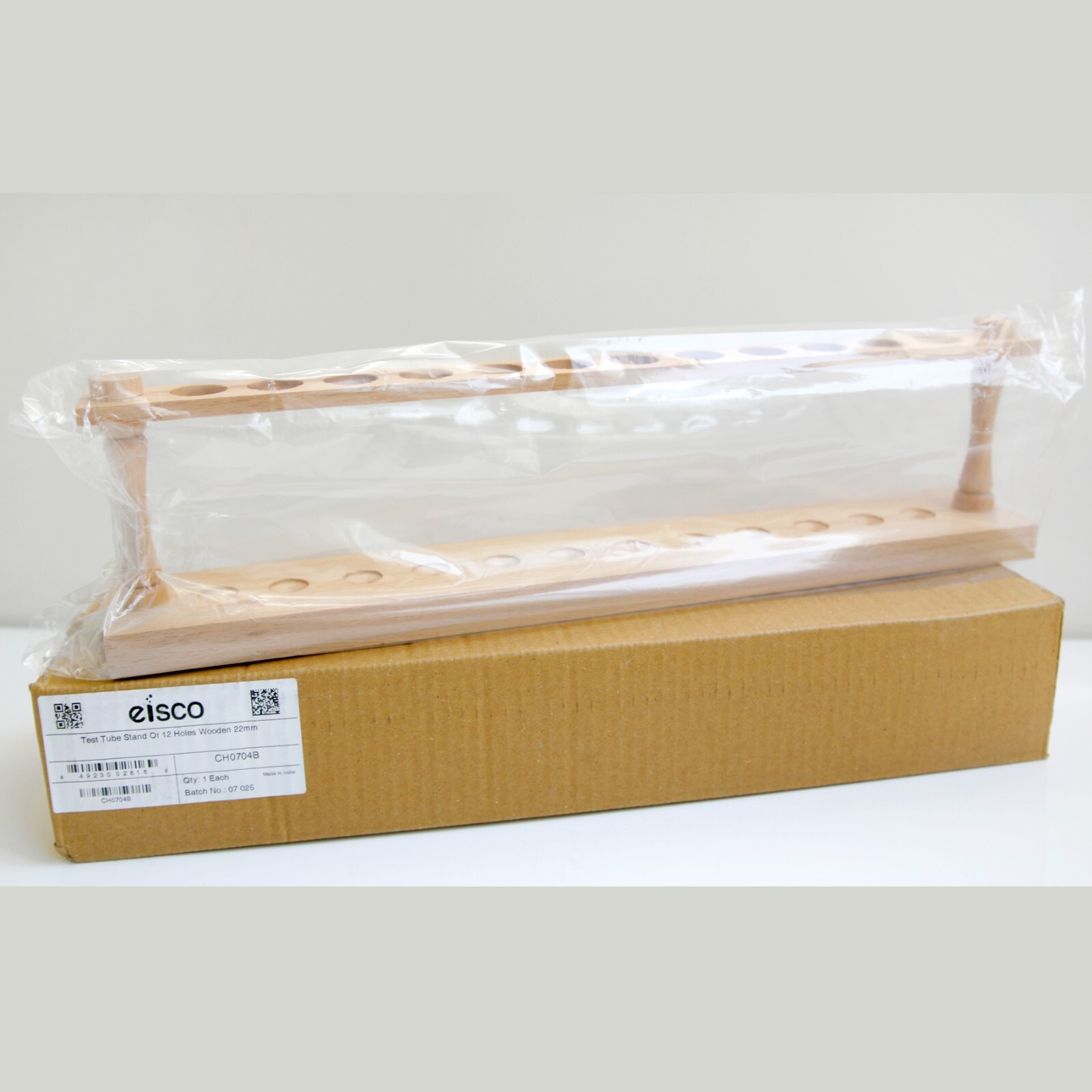 Eisco Labs Wooden Test Tube Stand of 12 Holes 9.75″ Wide Polished Wood 22″