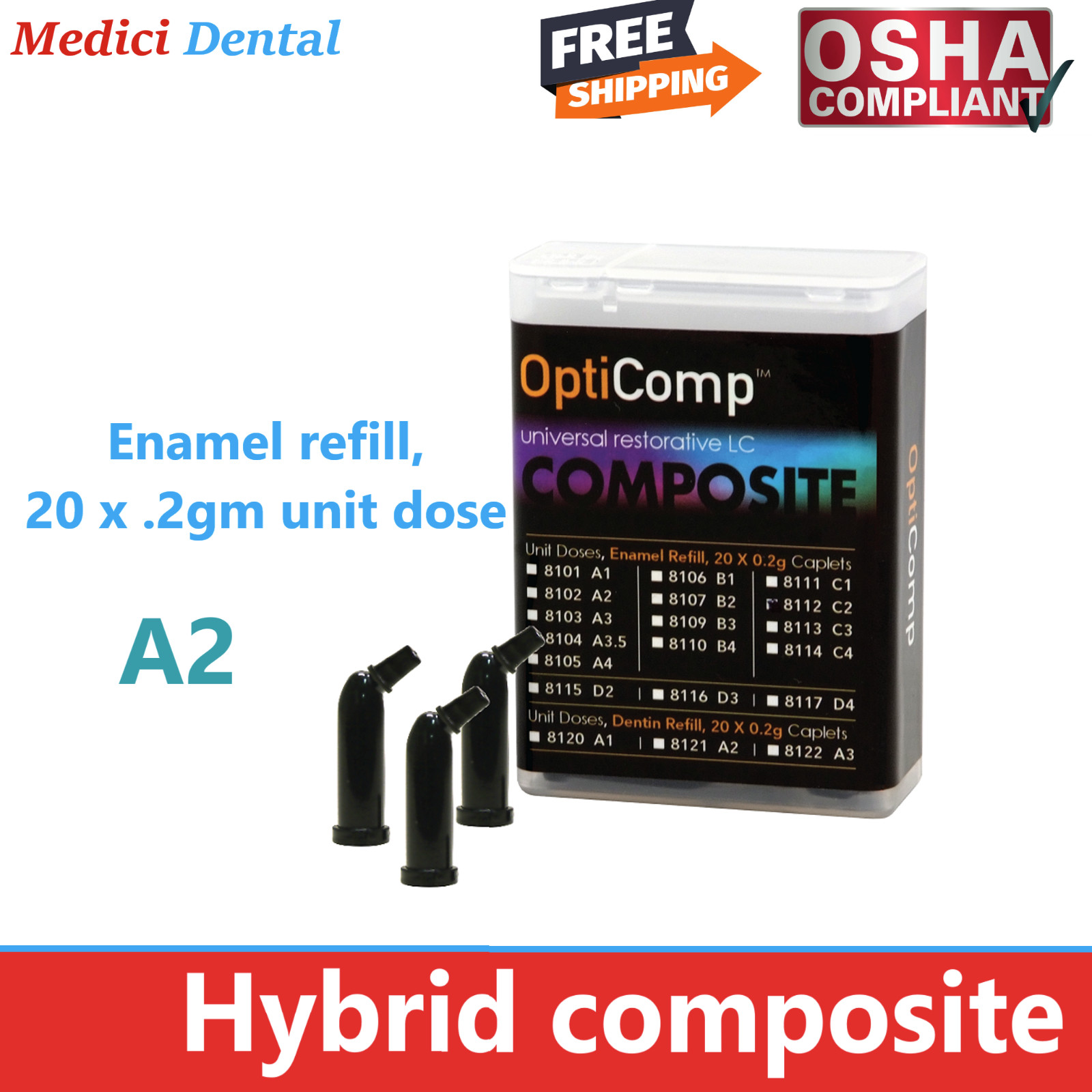 Dental OptiComp Unidose Capsules Compules Universal Light-cure Composite – A2