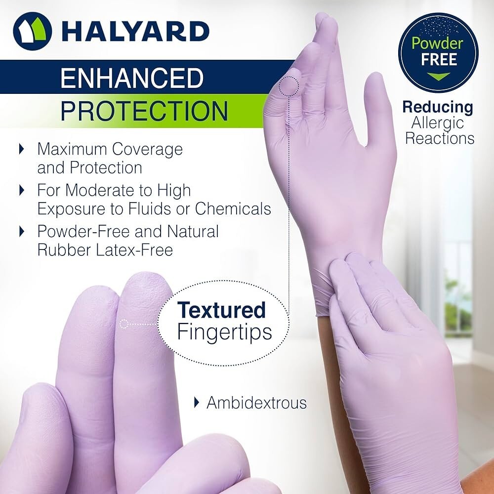 2 Boxes of 250, HALYARD Lavender Nitrile Exam Gloves, Powder-Free, Small.