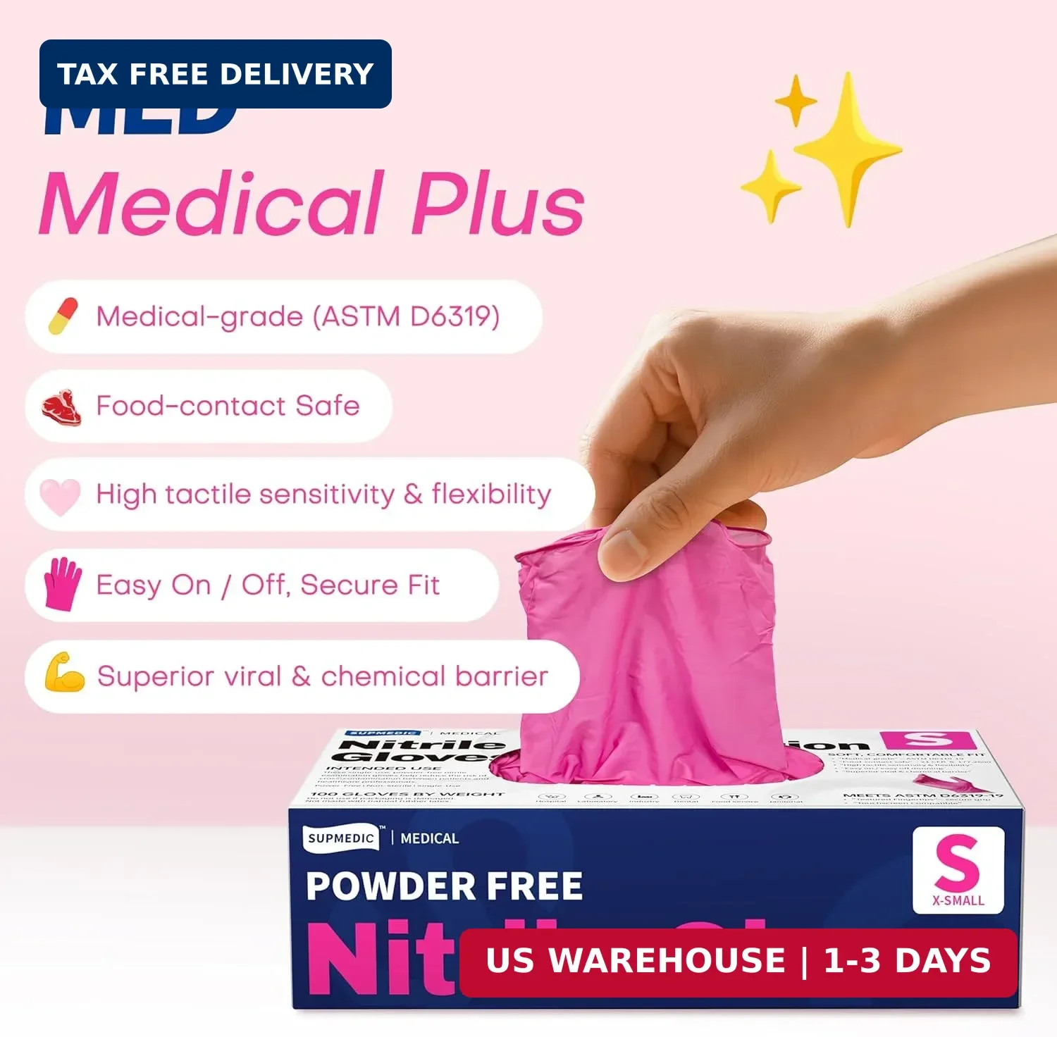 Supmedic Nitrile Exam Gloves, 4 Mil 100 Pcs Powder-Free Latex-Free Cooking Food-