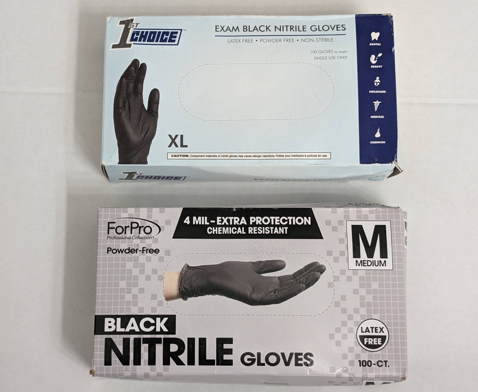 Set of 1st Choice Black Nitrile Disposable 3 Mil / Forpro Black M Nitrile 4 Mil