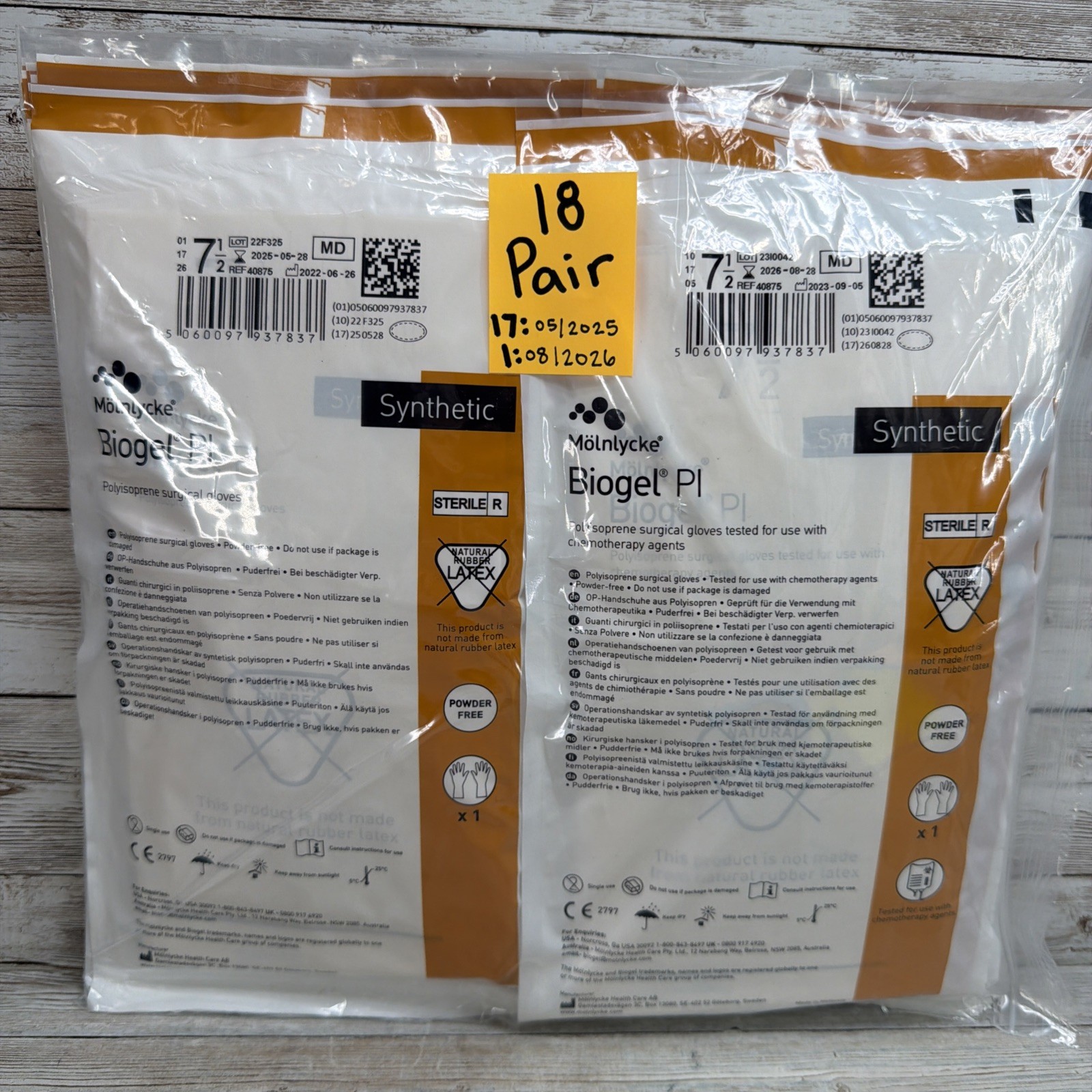 Biogel PI Surgical Gloves Sterile PF Molnlycke, *18 Pair* Size: 7.5 *See Dates*
