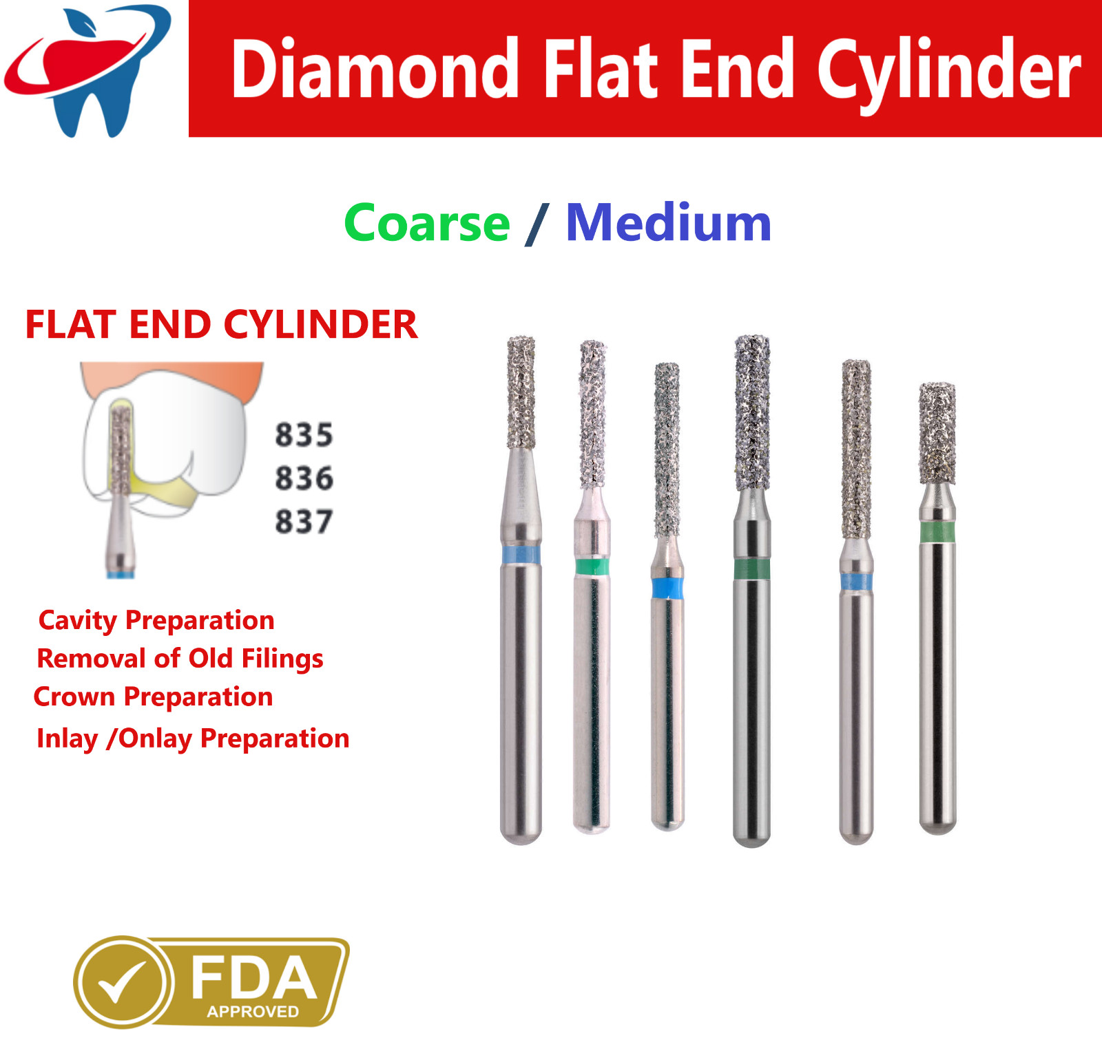 Dental Burs Diamond FG High Speed Flat End Cylinder Bur 835, 836, 837 Crown Prep