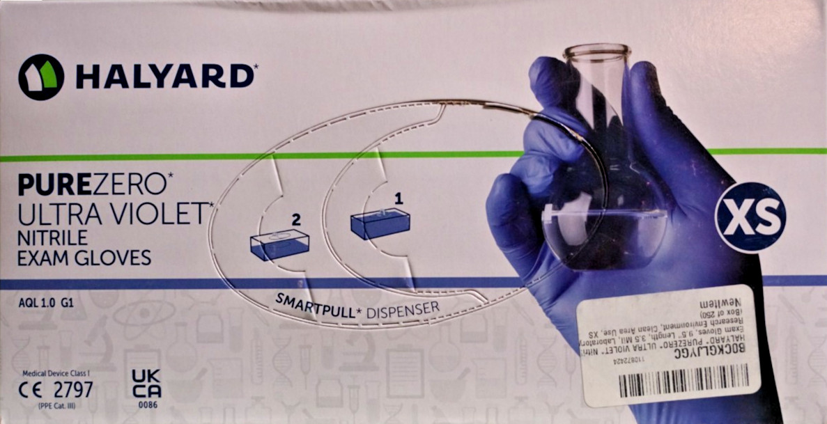 HALYARD PUREZERO ULTRA VIOLET Nitrile Exam Gloves XS 3.5 Mil Lab 250 Count Box