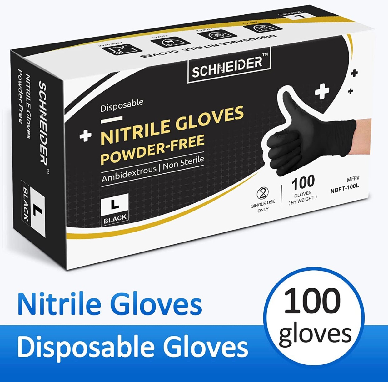Schneider Black Nitrile Gloves 4 Mil Latex & Powder Free
