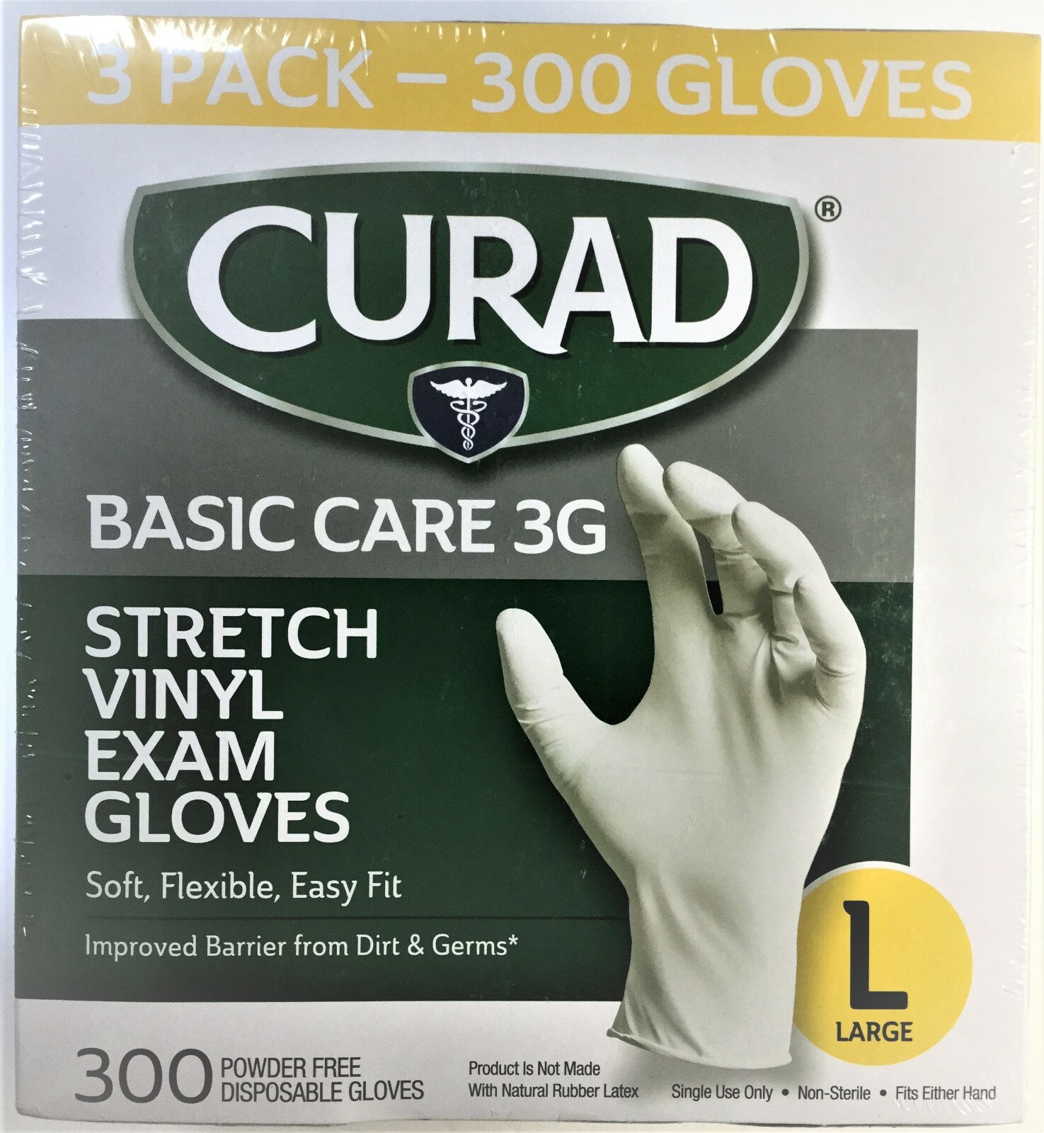 CURAD Basic Care 3G Stretch Vinyl Exam Gloves LARGE 300 Count – NIB