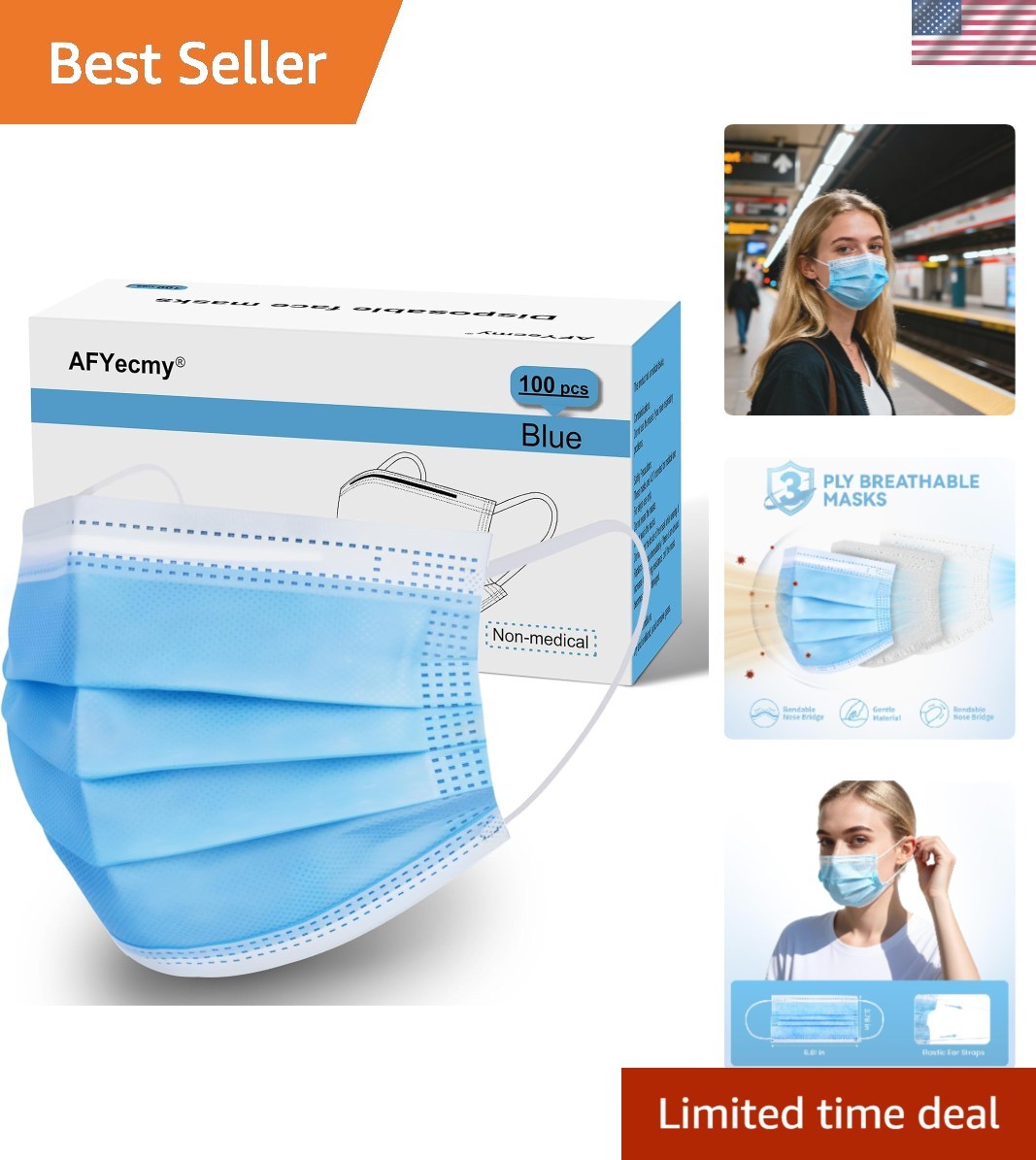 Adult Disposable Face Masks in Solid Blue, 100 Count for Daily Dust Protection