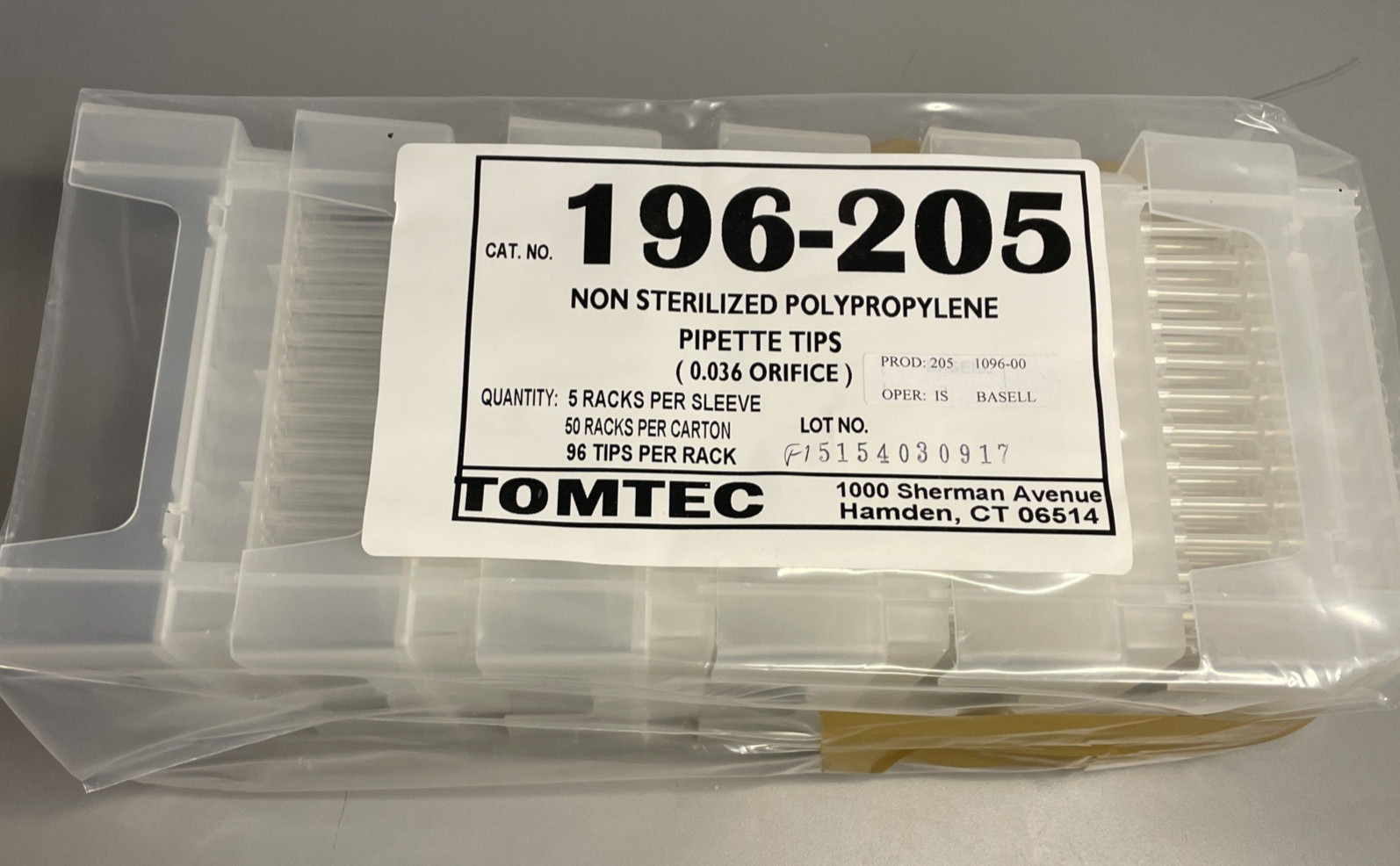 Tomtec 196-205 Pipette Tips 450uL Quadra Non-Sterile – 50 Rack Carton, 4800 Tips
