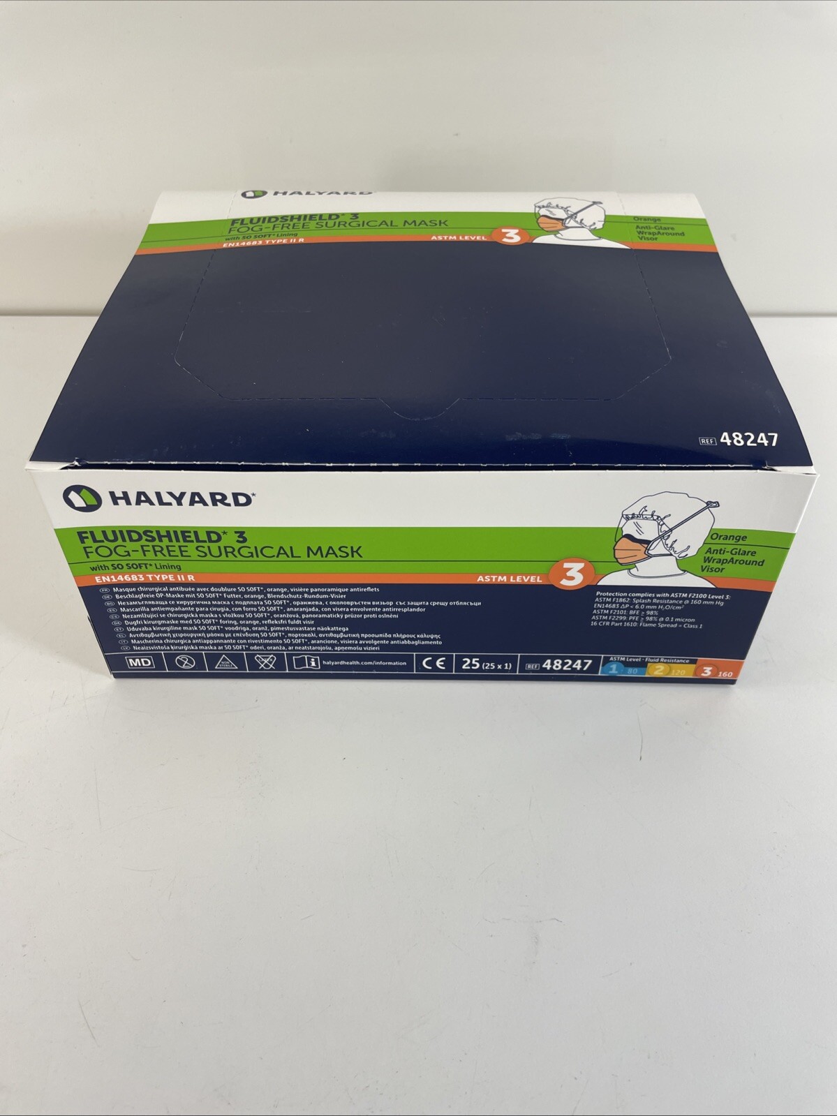 HALYARD 48247 FLUIDSHIELD 3 Disposable Mask, Fog-Free, WrapAround Visor QTY 25