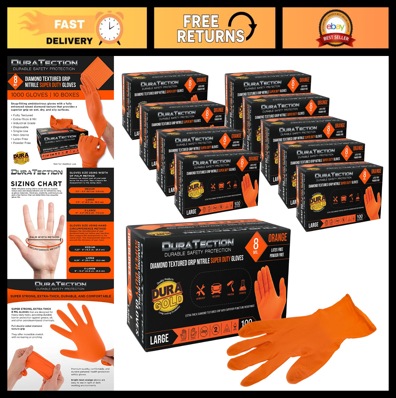 8 Mil Orange Nitrile Disposable Gloves – 10 Boxes of 100, Large, Latex-Free, Pow