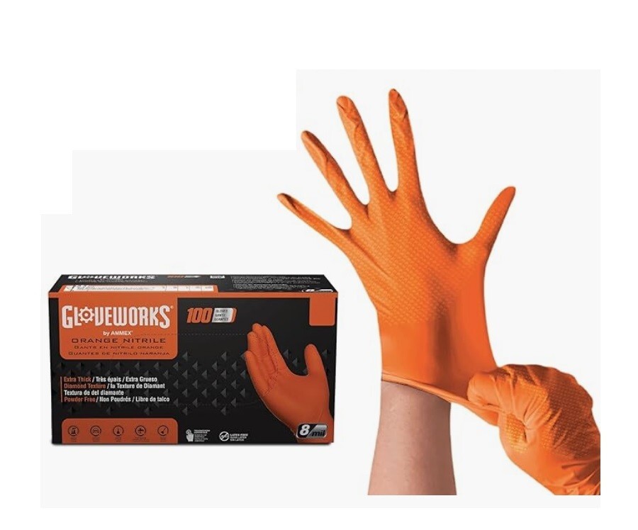 1- GLOVEWORKS HD Orange Nitrile Disposable Gloves 8 Mil XL size box of 100