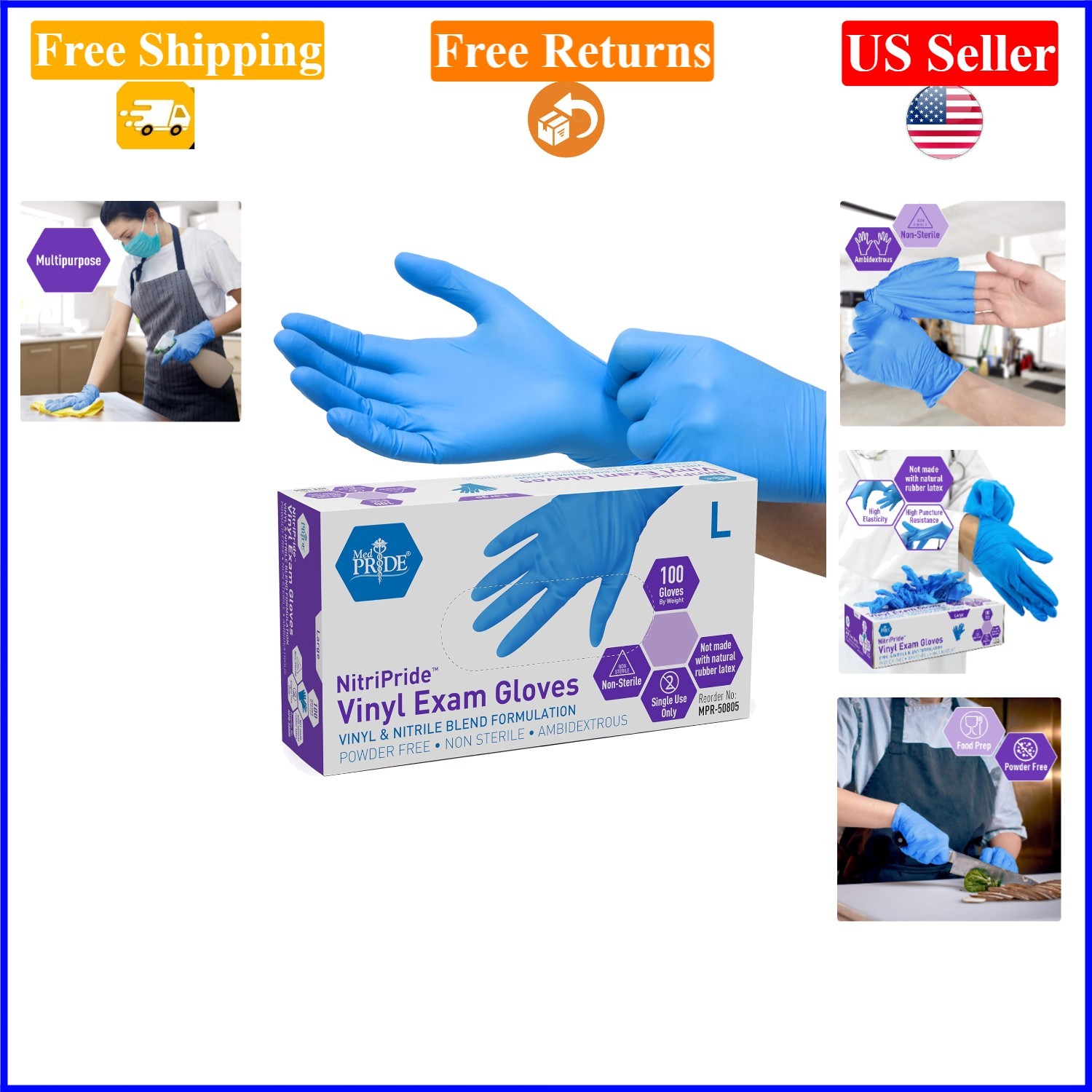 Blue Nitrile/Vinyl Exam Gloves, Large, 100-Pack, Powder & Latex-Free
