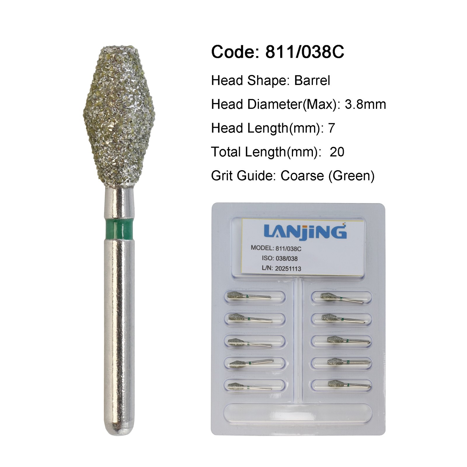 Dental Diamond Bur 811/038C Barrel Coarse Grit Green Friction Grip High Speed FG