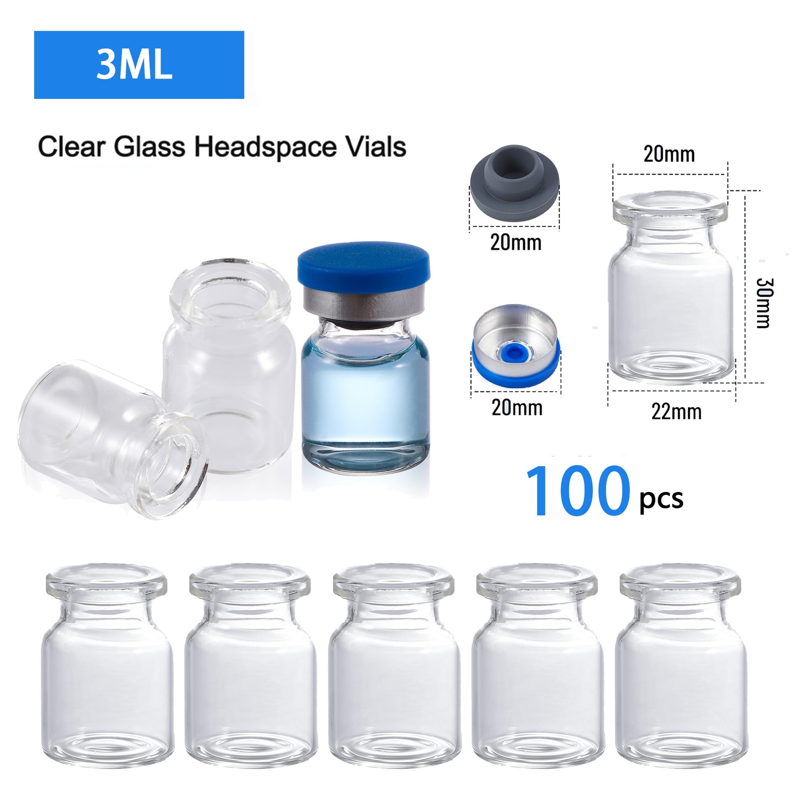 100PCS 3ml Glass Vials Sample Headspace Vials Clear Lab Vials w/ 20mm Crimp tops