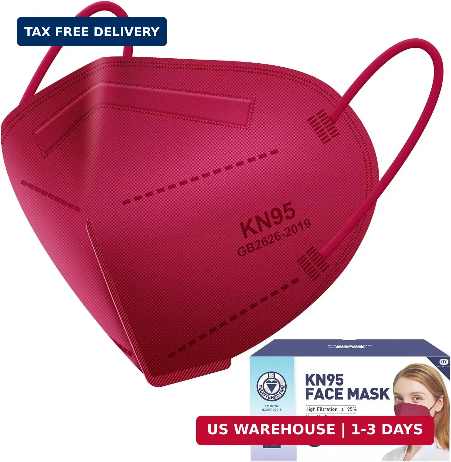 KN95 Red Face Mask 20PCS, 5-Ply Cup Dust Masks Filtration Efficiency ≥95% Indivi