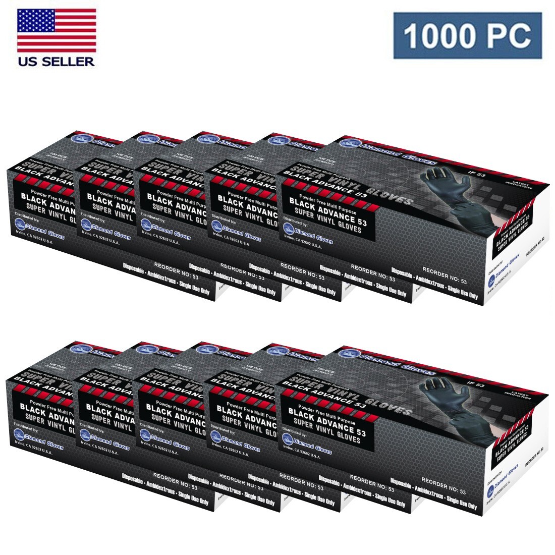Black Vinyl Nitrile Blend Gloves Premium Powder-Free 5.5-Mil 1000 pcs S/M/L/XL
