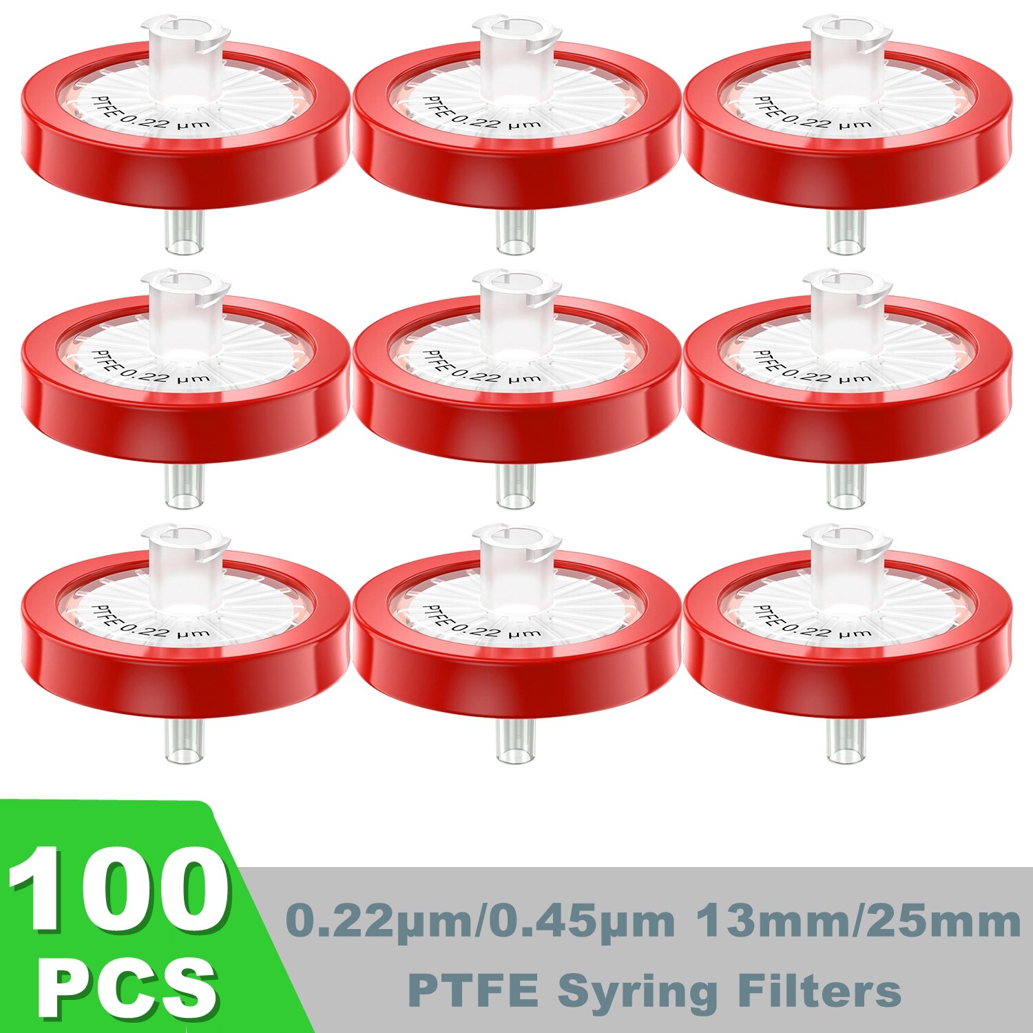 100pcs PTFE No-Sterile Syringe Filters 25mm 0.45μm Hydrophilic HPLC Wheel Red US