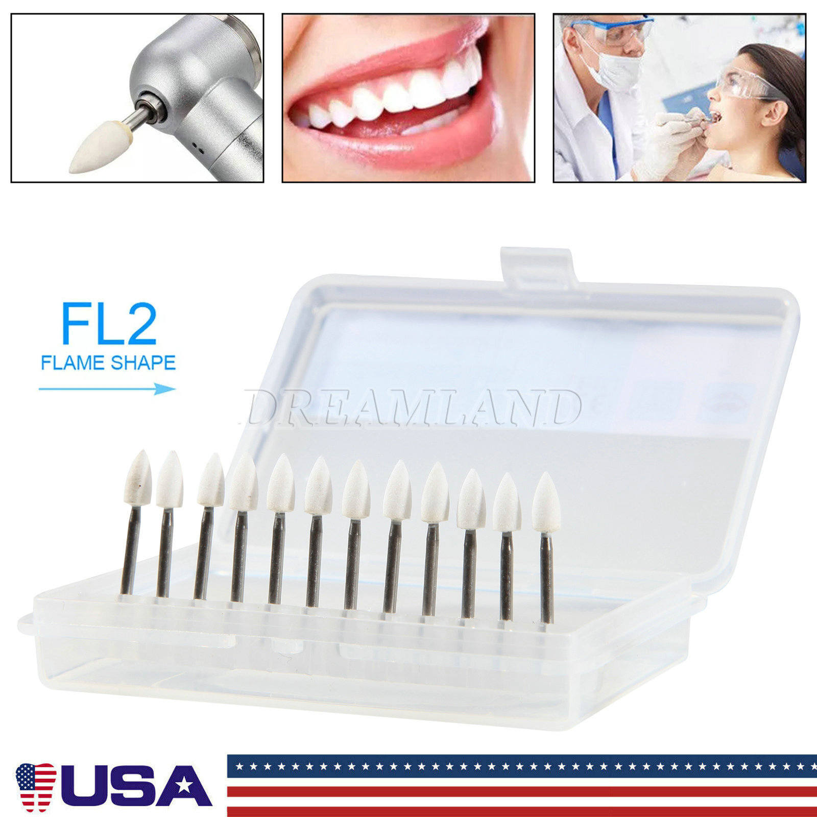 Dental White Polishing Stone FG Burs Flame Cone Shape Burs Drills Arkansas Stone