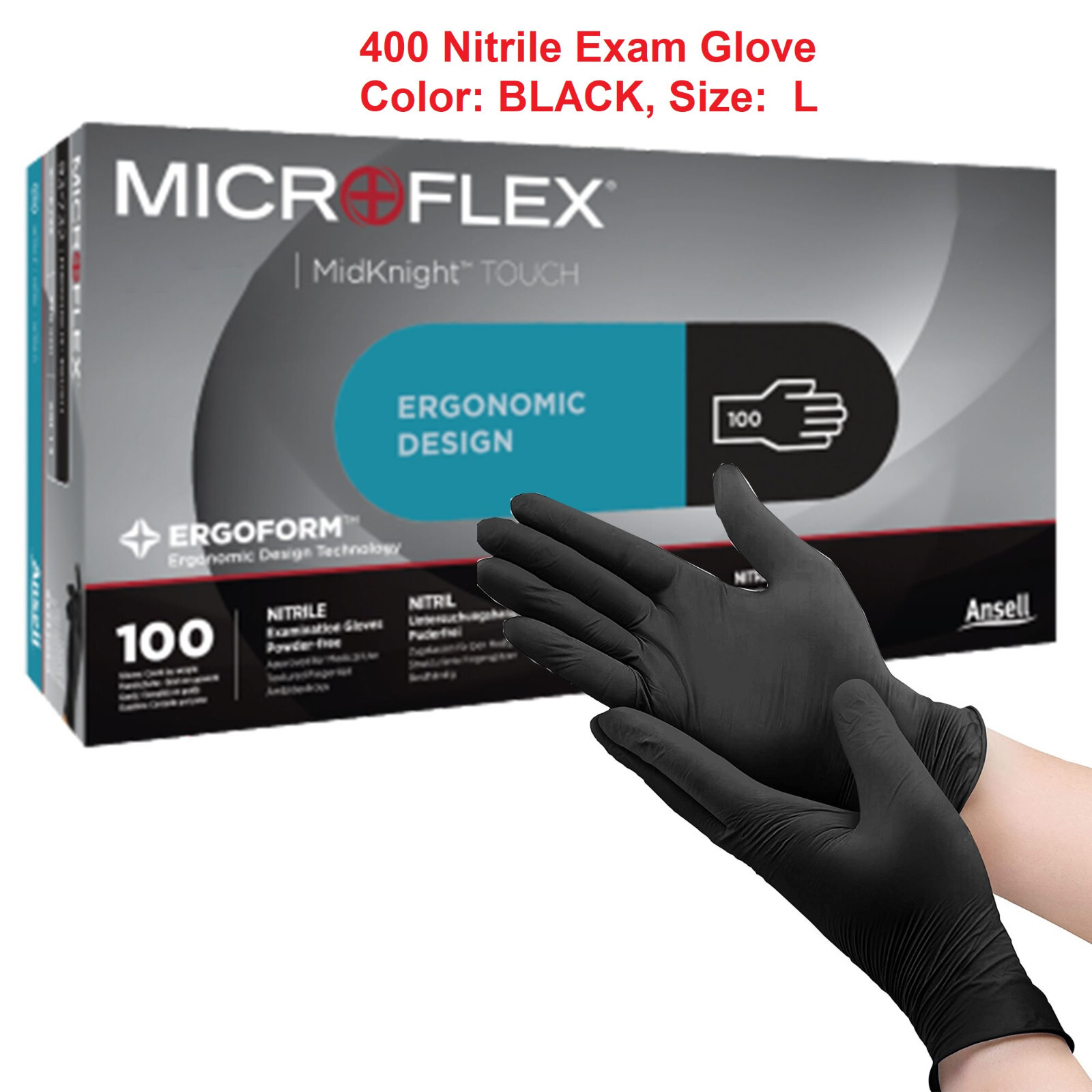400 Ansell Nitrile Exam Gloves Microflex MidKnight Touch BLACK 93-735 LARGE