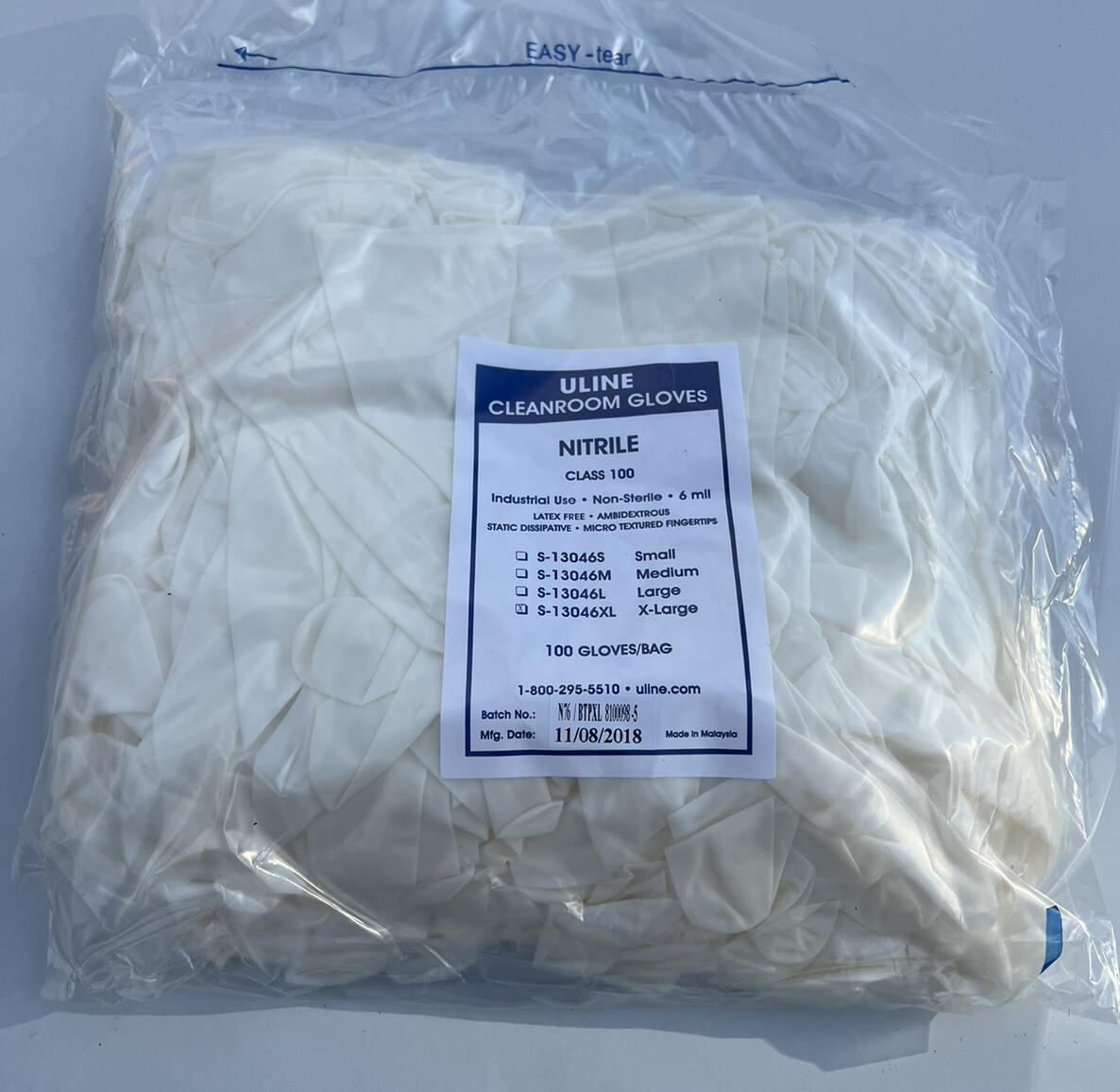 (100) U-line S-13046XL Non Sterile Cleanroom Nitrile gloves S-M-L-XL