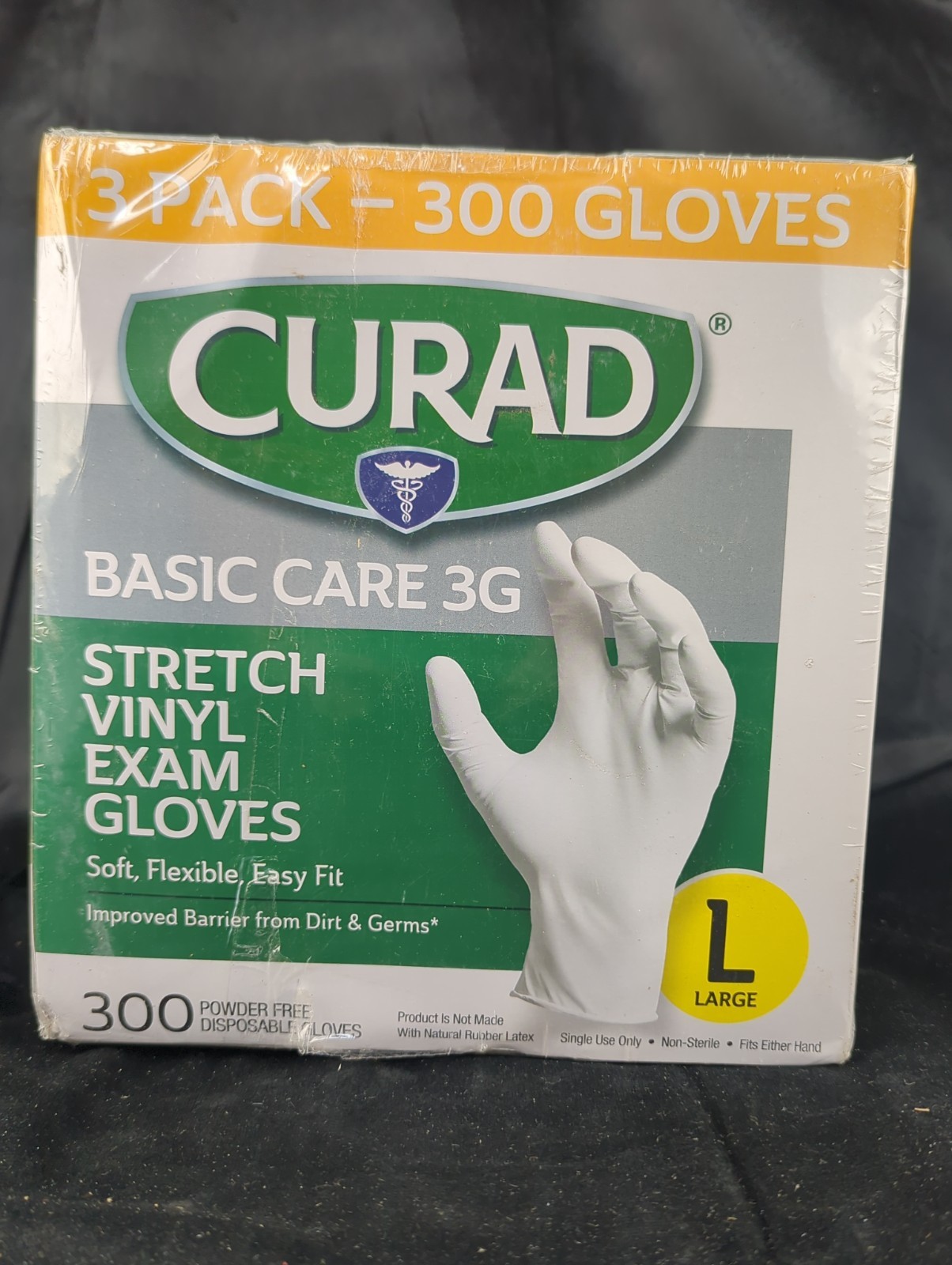 Curad Basic Care 3G Stretch Vinyl Exam Gloves, Size Large, 300 Count Dmg Box