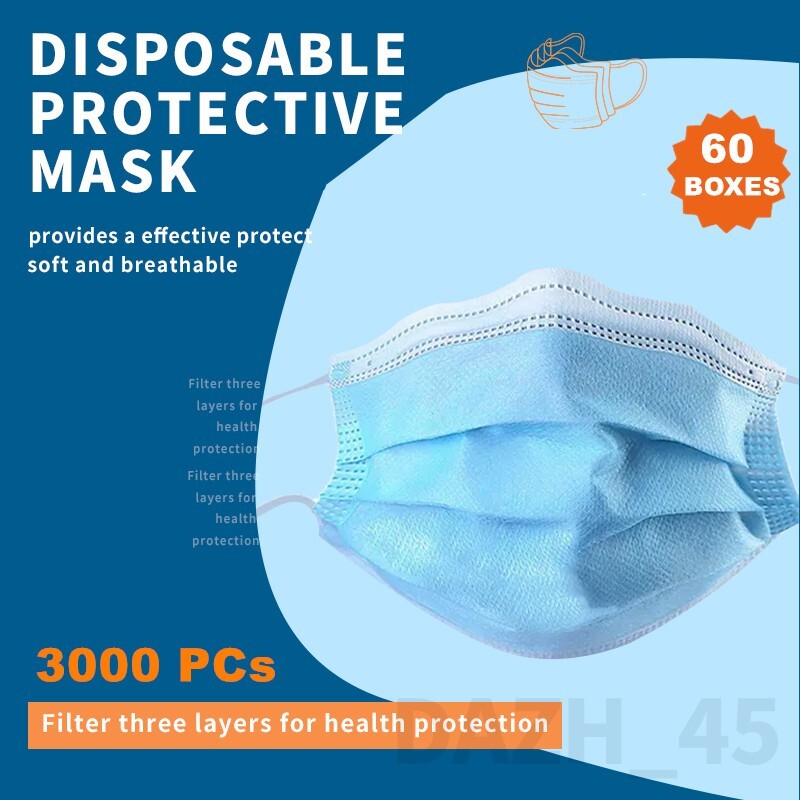 3000 PCs (60 BOXES) Disposable Face Masks Earloop Blue 3-Ply Unisex Mouth & Nose