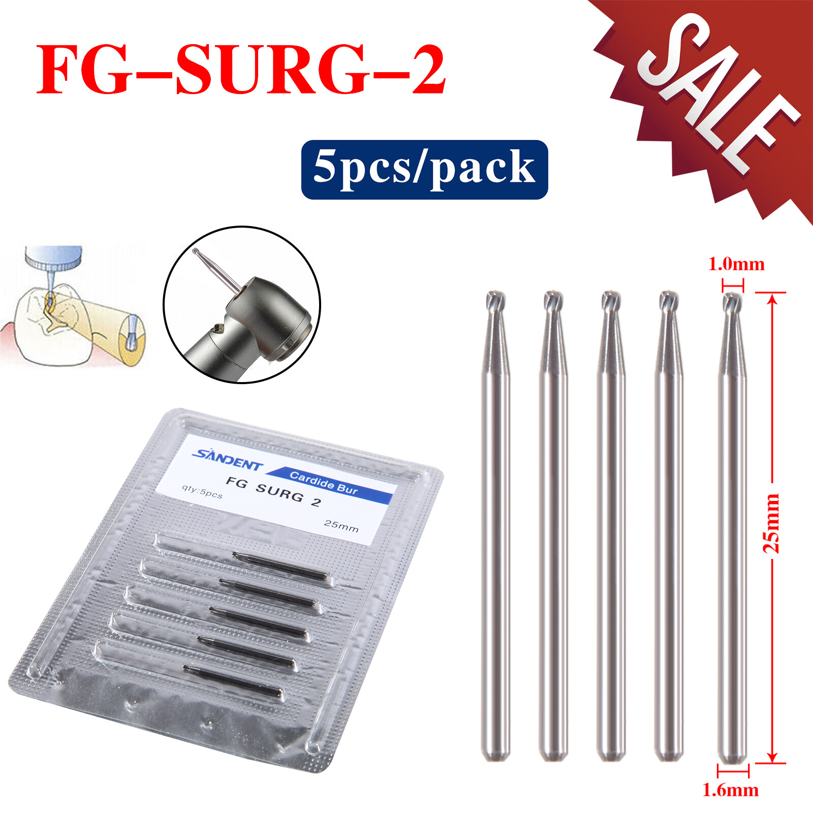 SANDENT 25mm FG SURG Carbide Bur 2 3 4 5 Dental Surgical FG Burs for High Speed
