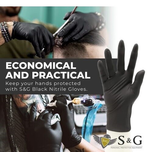 S&G Black Nitrile Gloves Latex Powder Free 5 Mil 1000pcs M/L/XL