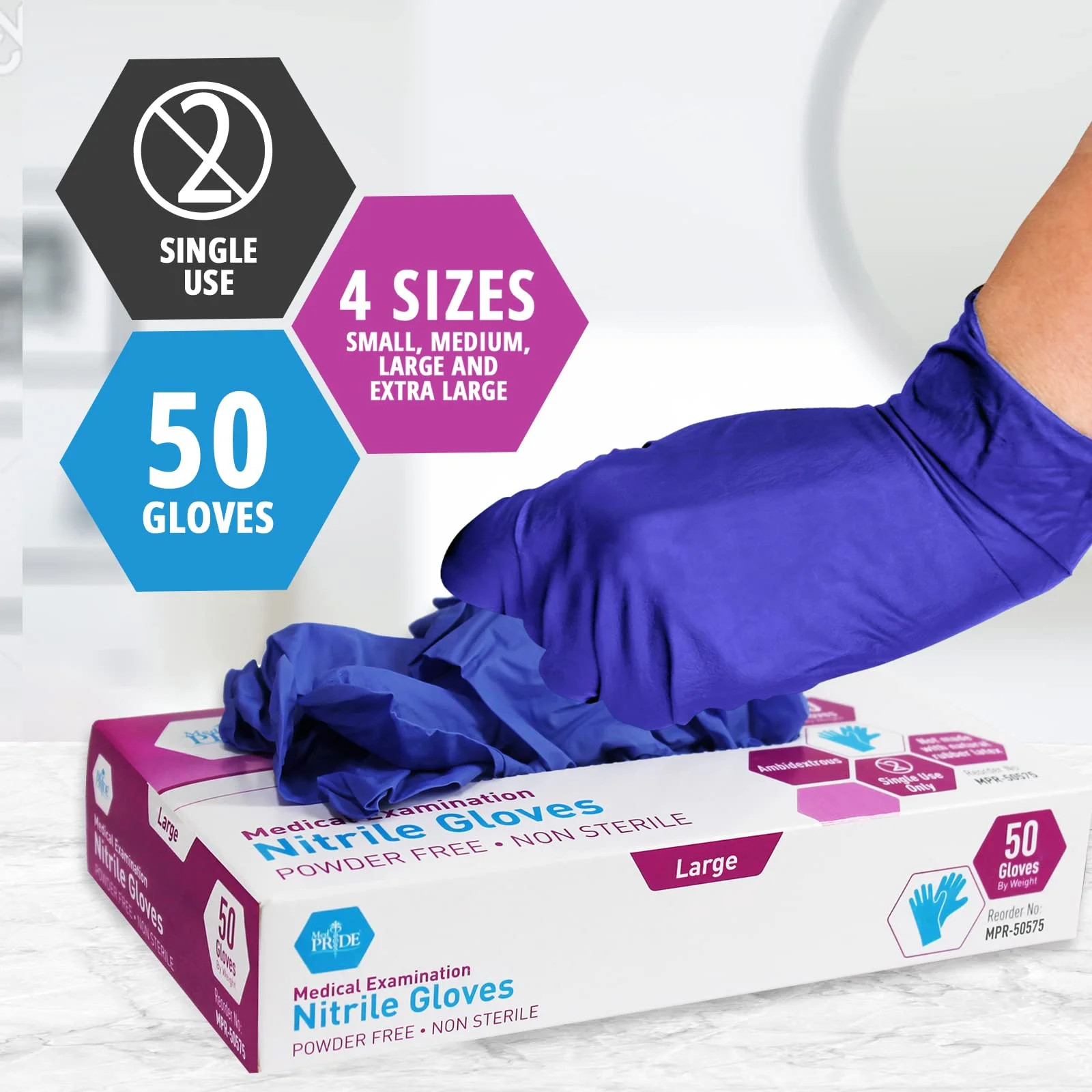 MED PRIDE Nitrile Gloves, 50 Count, Blue, Disposable Powder & Latex-Free Gloves