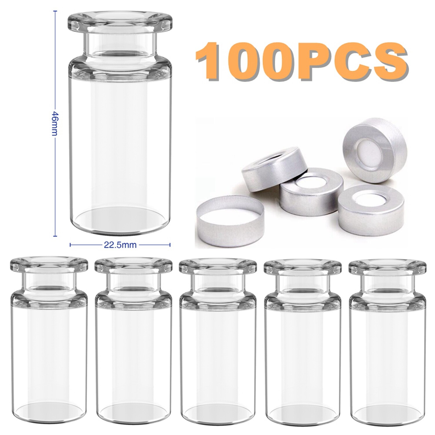 100PCS 10ml Sample Vials+Caps 20mm Crimp Top HPLC Headspace Clear Glass Bottle