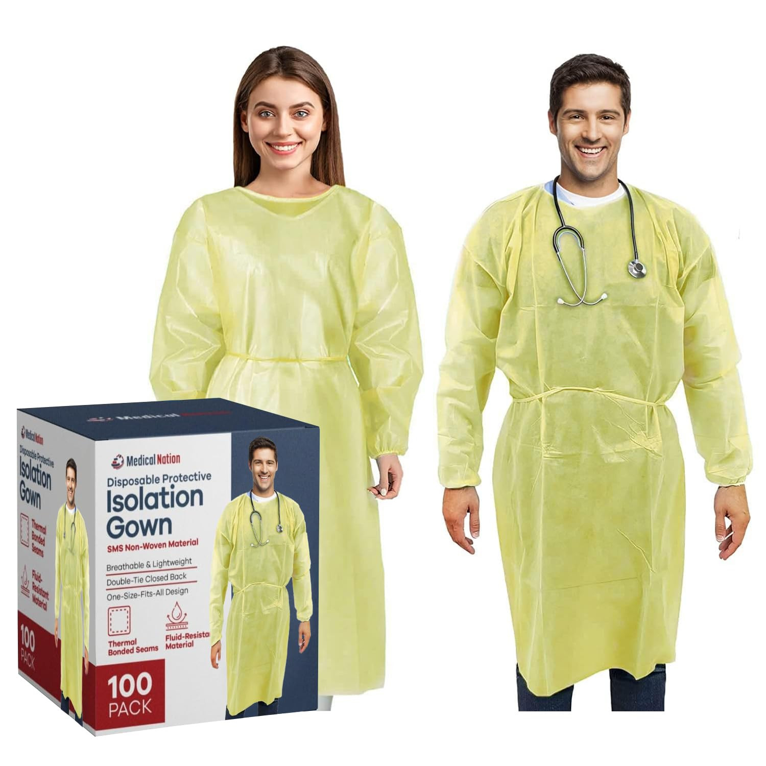 100 Pack Disposable Isolation Gowns – Yellow Level 2 SMS Non-Woven Material – PP
