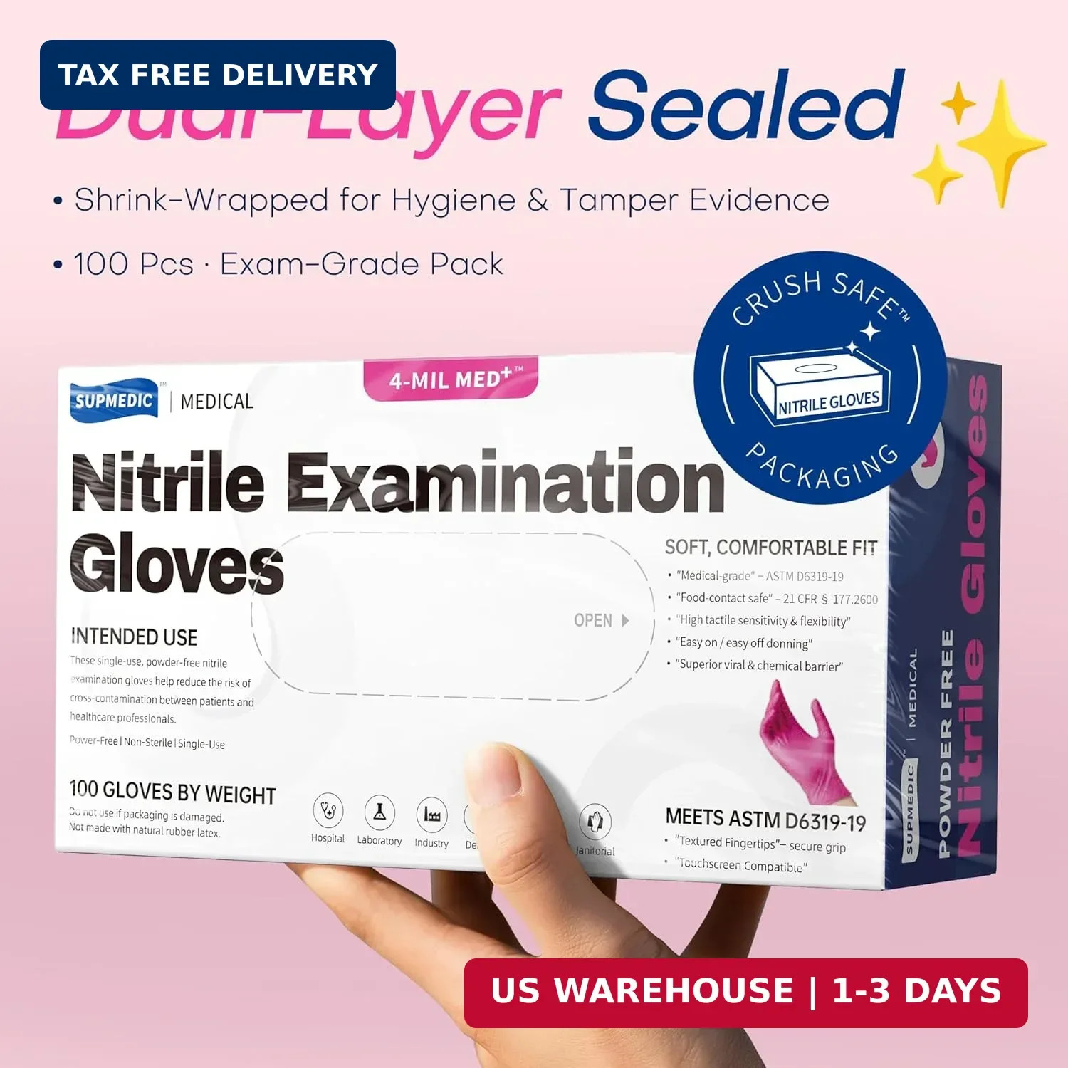 Supmedic Nitrile Exam Gloves, 4 Mil 100 Pcs Powder-Free Latex-Free Cooking Food-