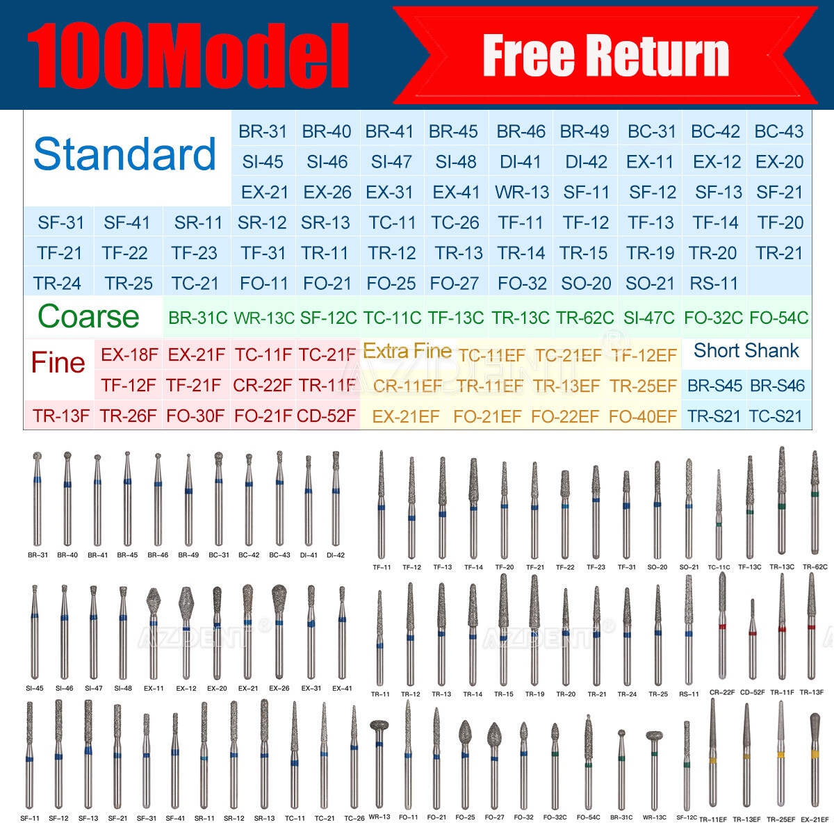 100Pc/200Pc AZDENT Dental Diamond Burs polishing Kit FG for High Speed Handpiece