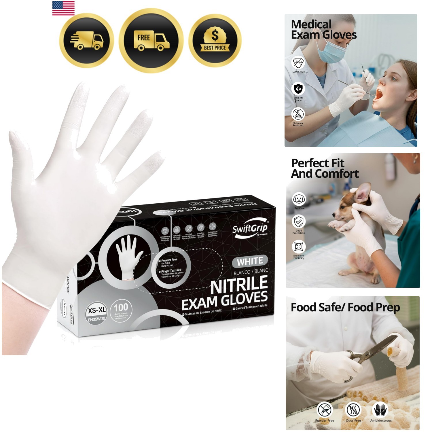 Disposable Nitrile Exam Gloves, 3-mil, Medium, Box of 100, White Nitrile Glov…
