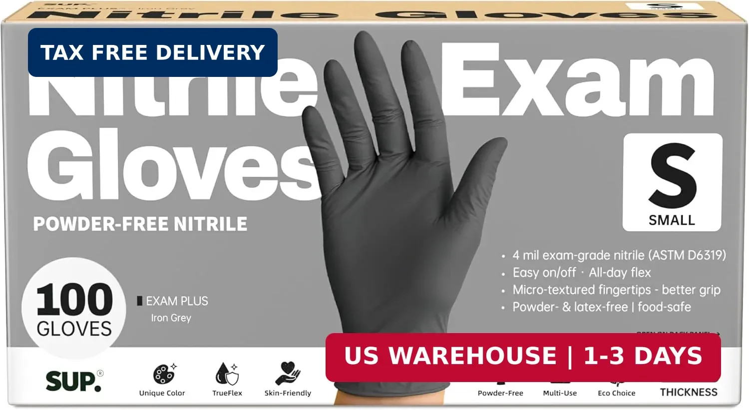 SUP Powder-Free Nitrile Exam Gloves, 100 Count, Food Safe Latex-Free Medical Non